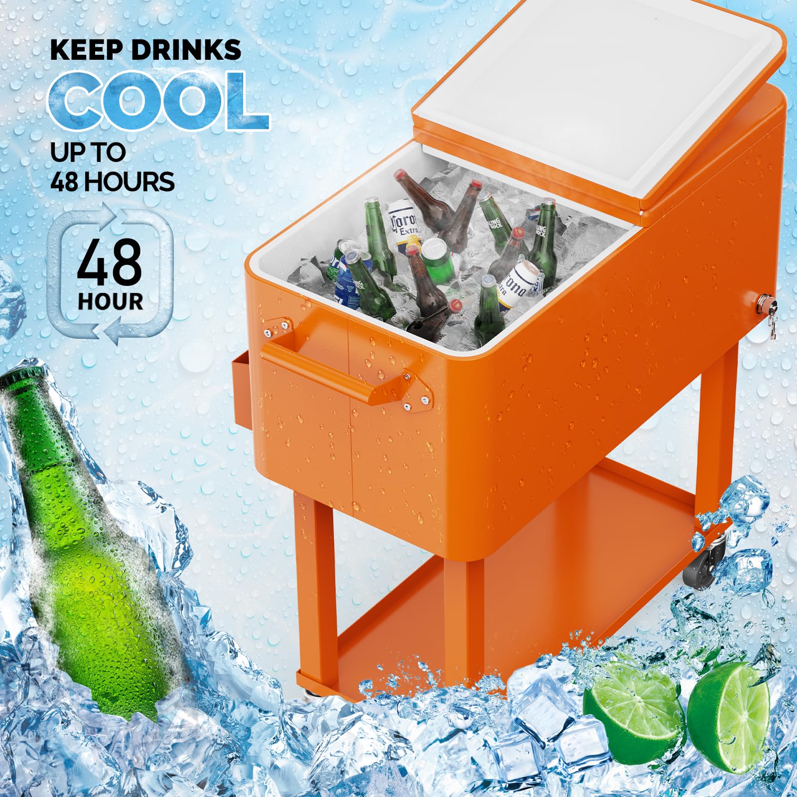 80 Quart Portable Outdoor Patio Rolling Cooler Cart Orange
