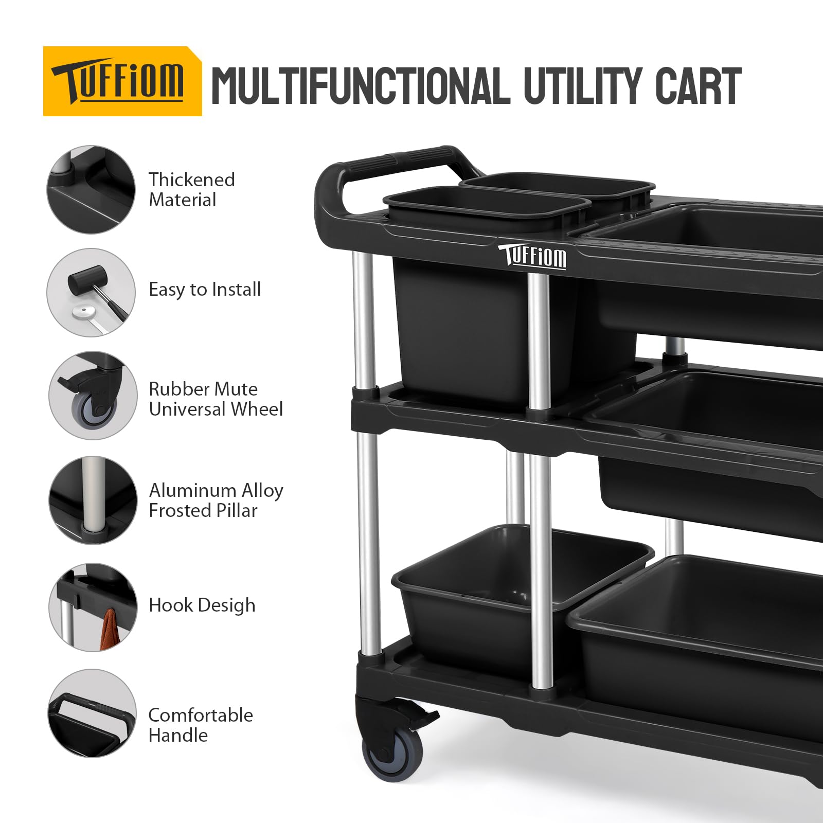 3-Tier 41" x 18" 330 lb. Capacity Plastic Utility Cart/Bussing Cart Black