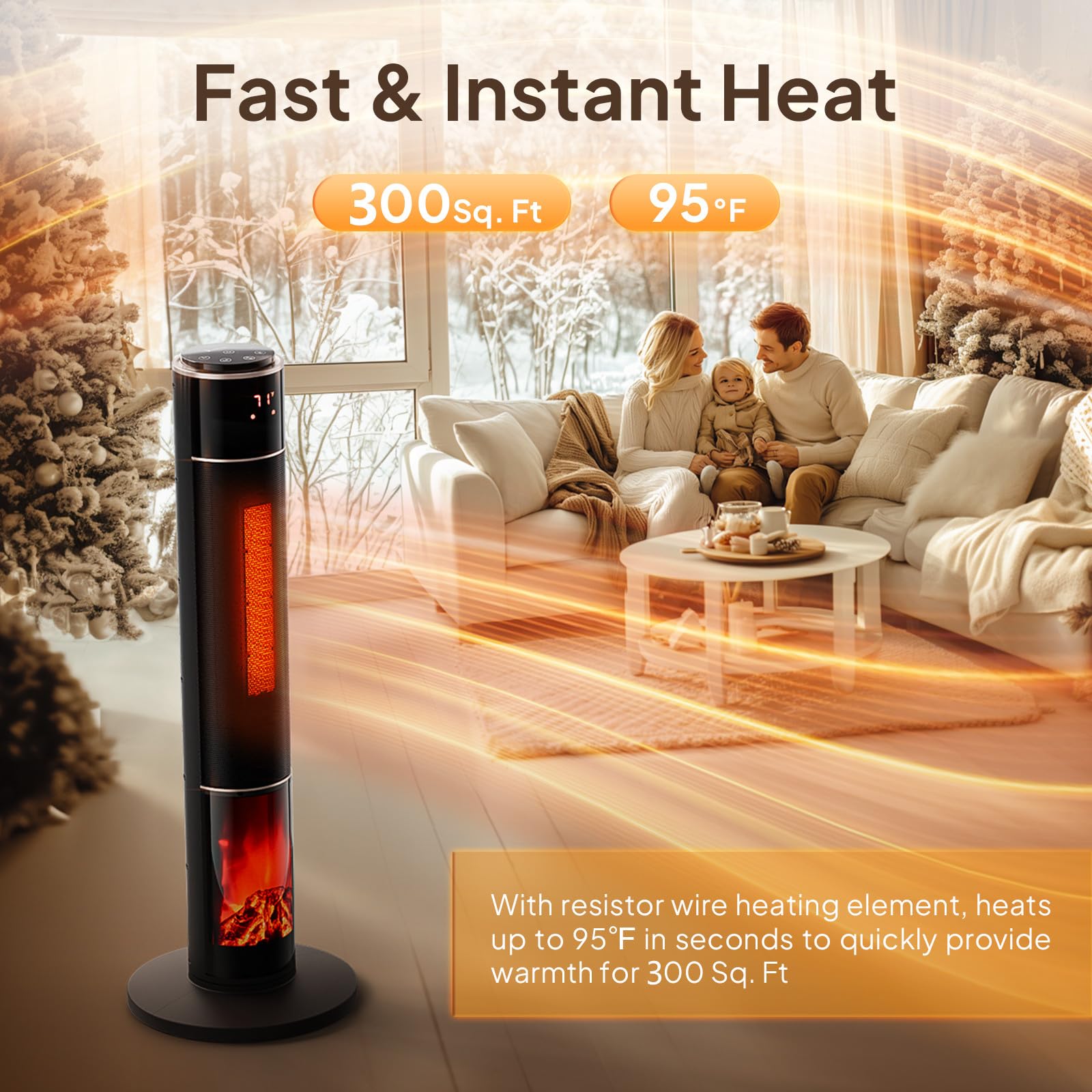 33"H 1,500W 120V Electric Space Heater with Remote Black