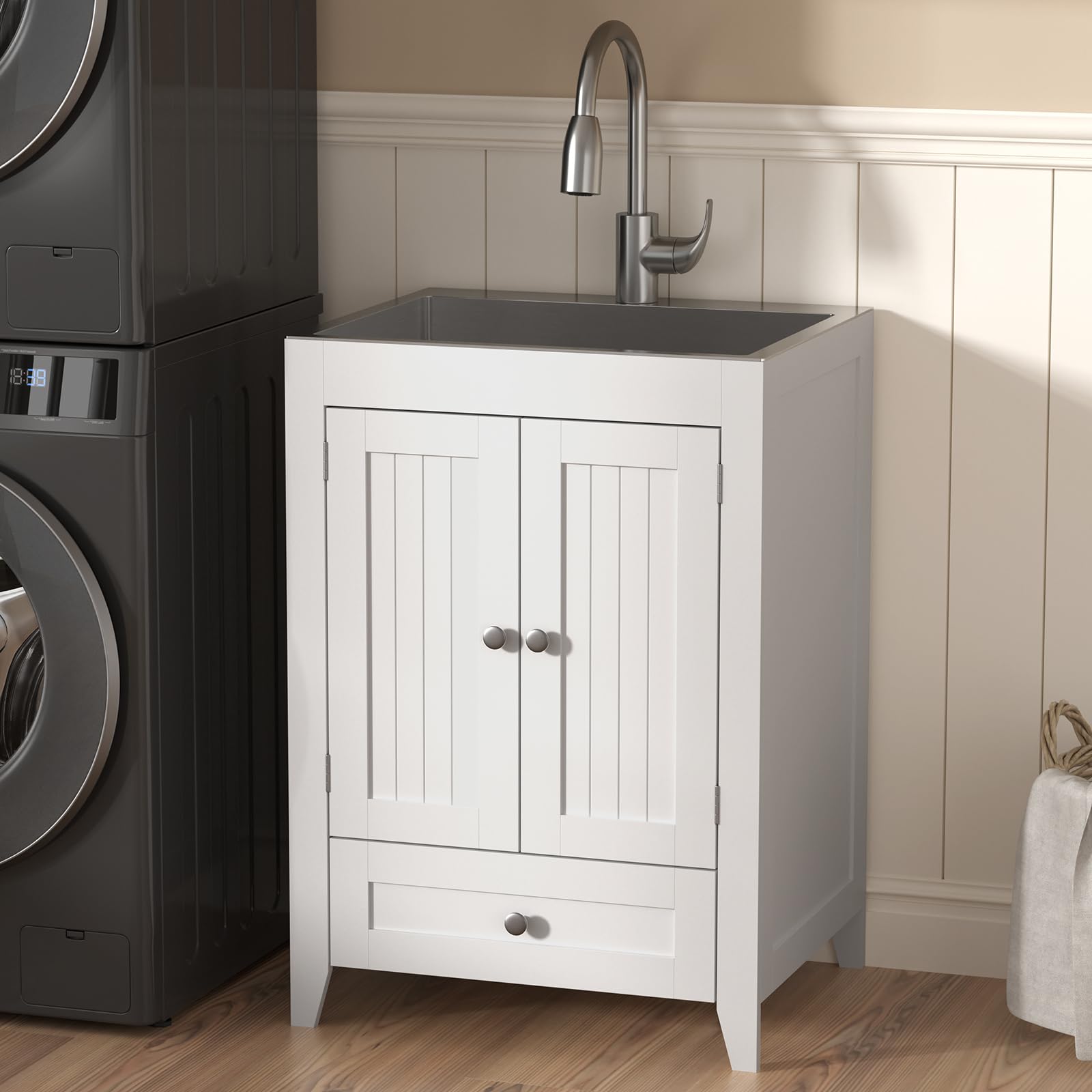 ROVSUN 24" x 20" Utility Sink with Cabinet and Drawer for Kitchen Laundry Room White