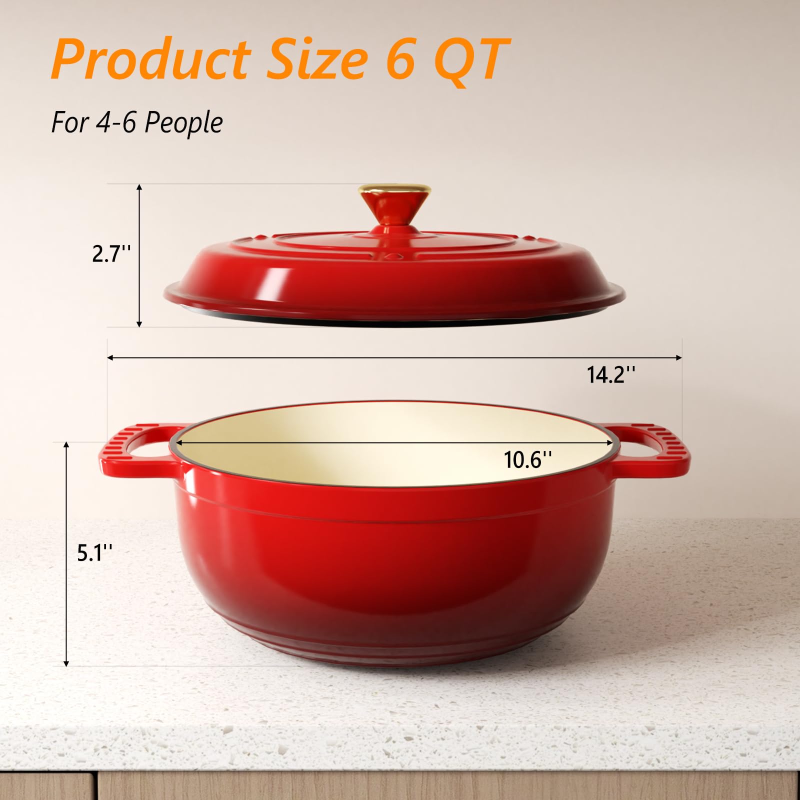 ROVSUN 6 QT Enameled Cast Iron Round Dutch Oven Red