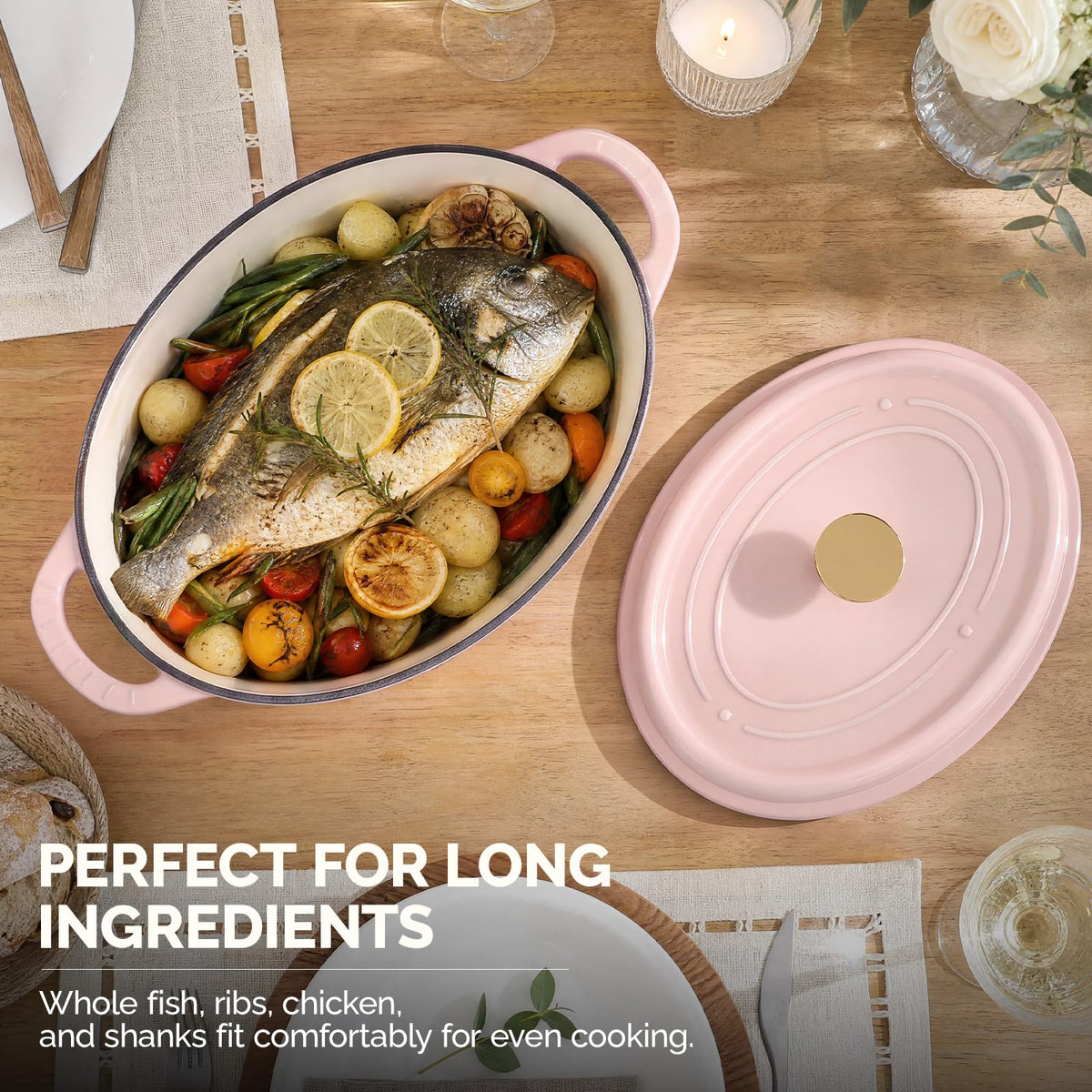 ROVSUN 7.5 QT Oval Enameled Cast Iron Dutch Oven Pot Pink