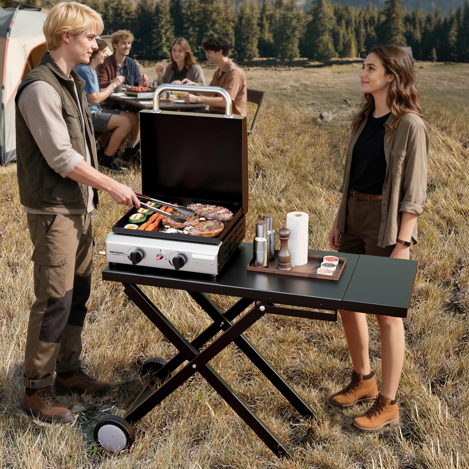 ROVSUN 2-Burner 20,000 BTU Foldable Propane Griddle with Wheels & Lid
