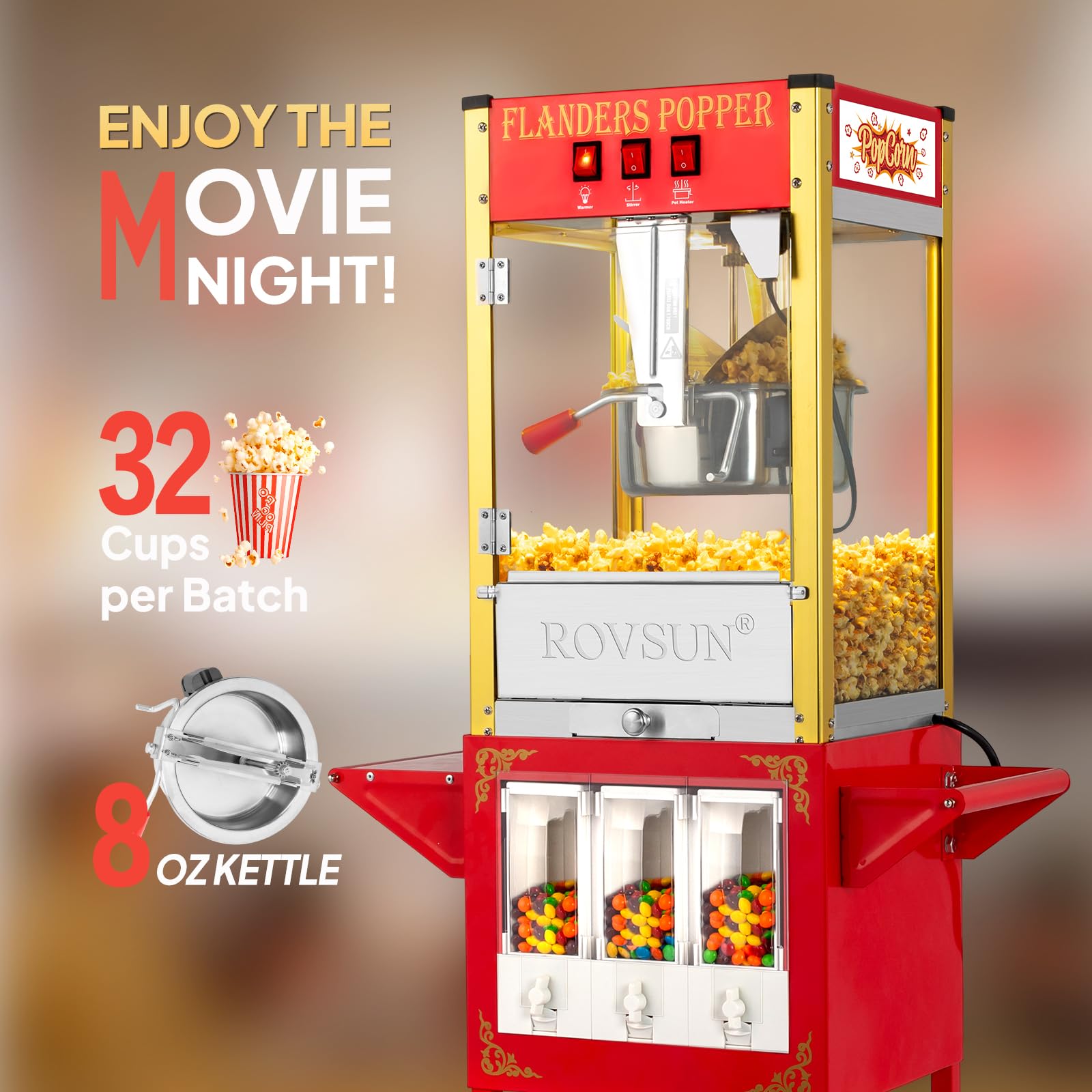 ROVSUN 8 oz Red Popcorn Machine with Cart & Candy Dispenser