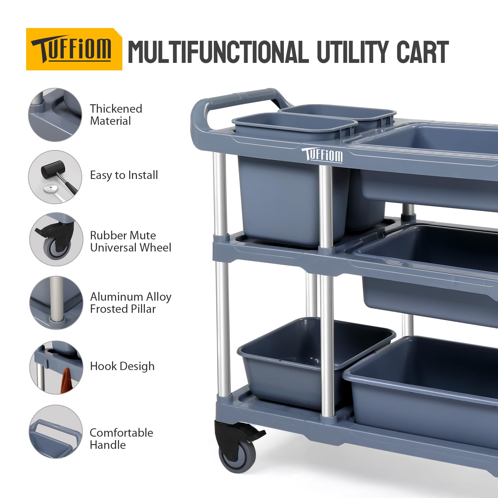 3-Tier 41" x 18" 330 lb. Capacity Plastic Utility Cart/Bussing Cart Grey