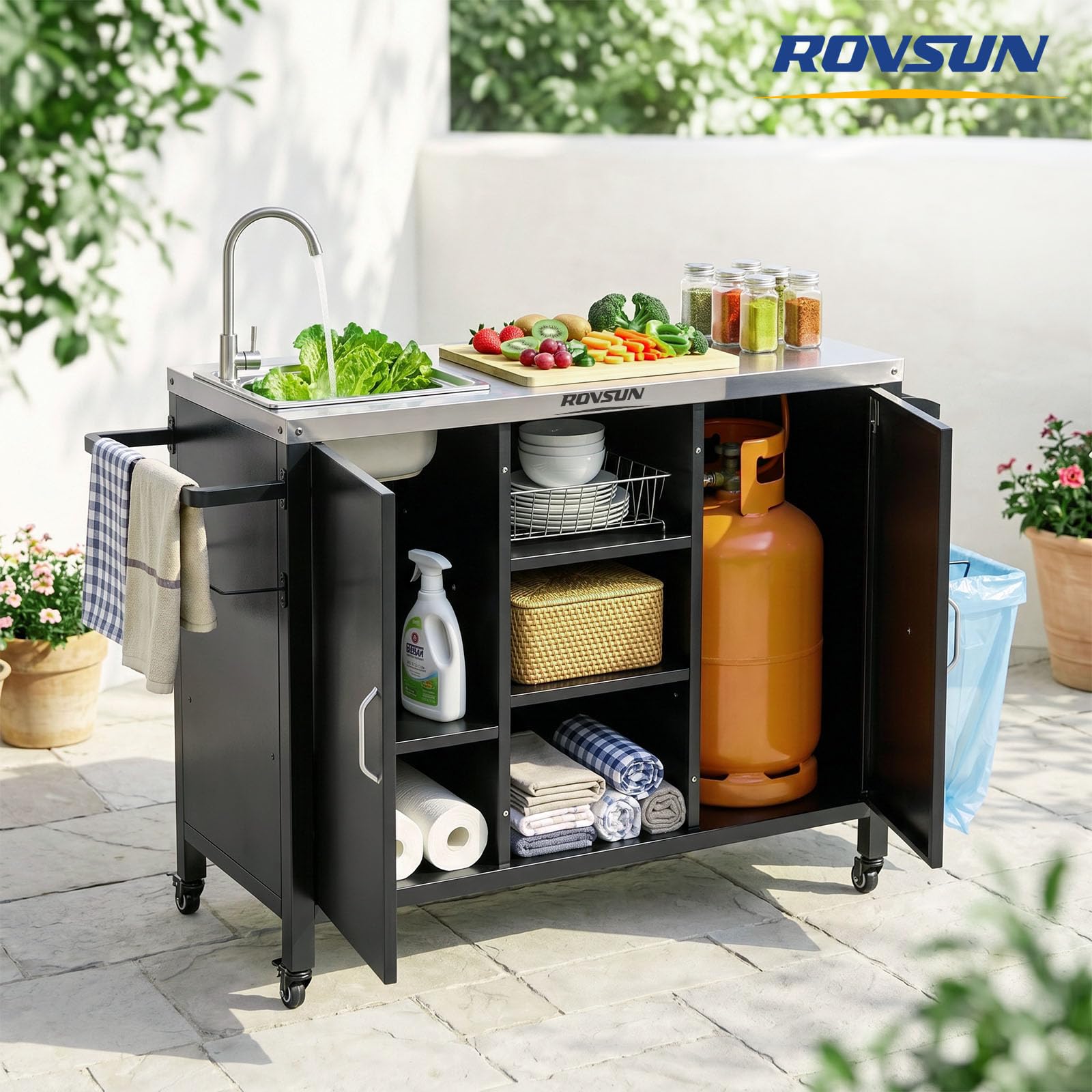 ROVSUN 62" Outdoor Grill Cart with Sink & with Gas Storage Area