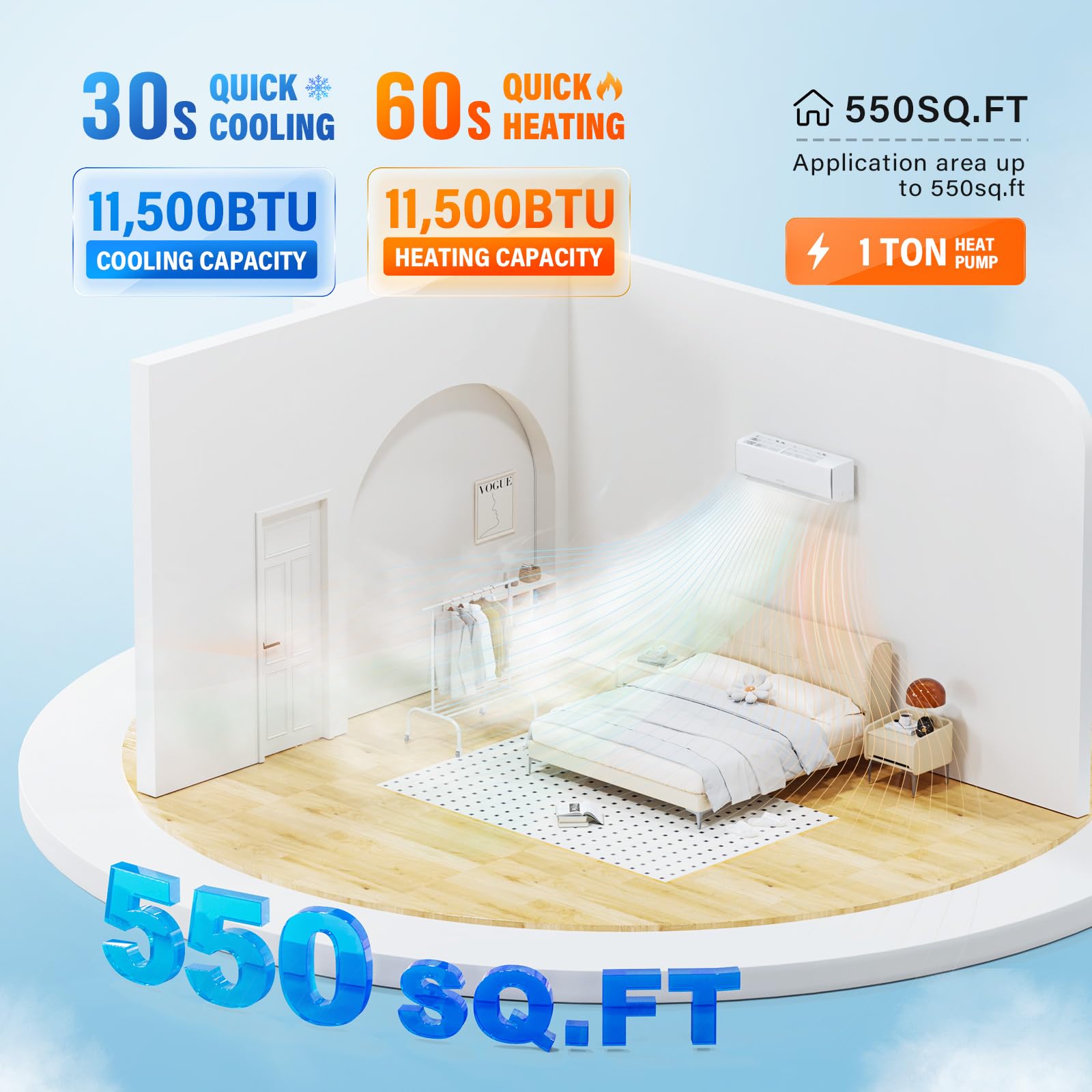 ROVSUN 11,500 BTU 17 SEER2 230V Mini Split Air Conditioner with Heat Pump Ductless Inverter & Install Kit