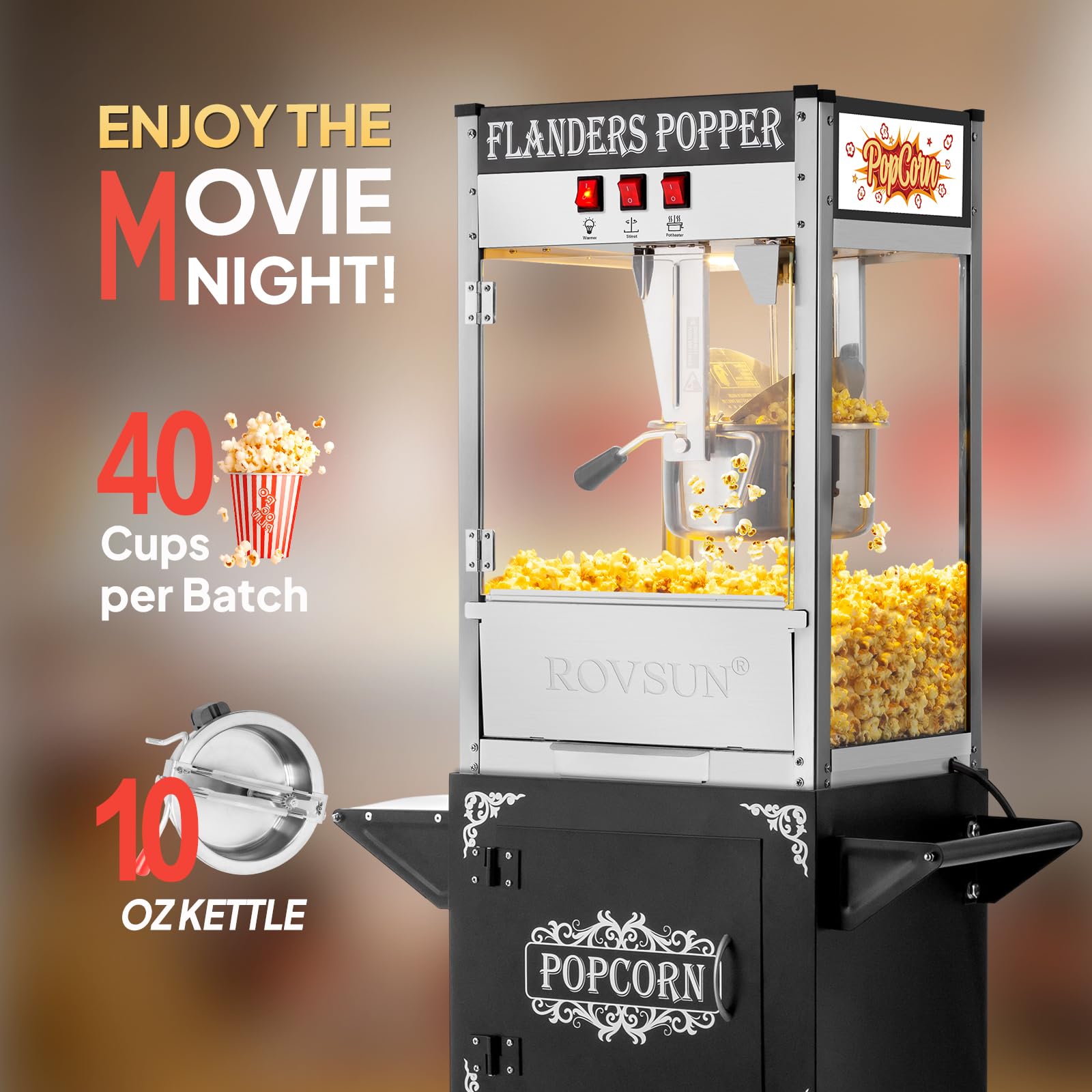 ROVSUN 10 oz Black Popcorn Machine with Cart
