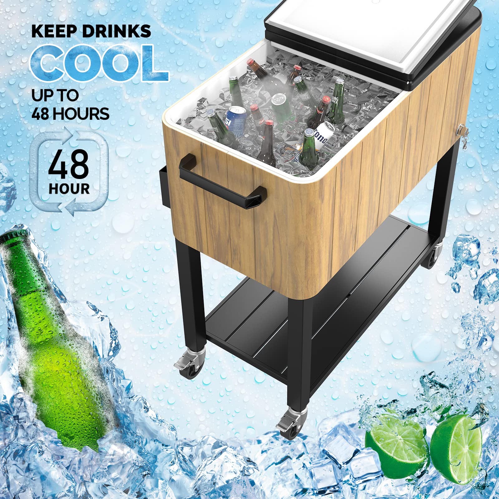 80 Quart Portable Outdoor Patio Rolling Cooler Cart Brown