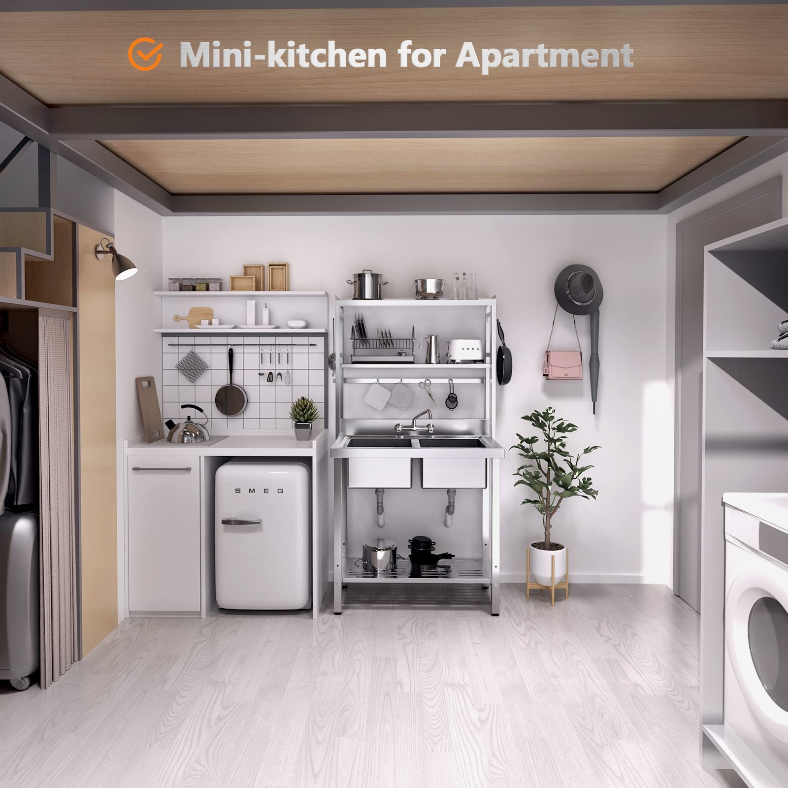 ROVSUN 36" x 21" Two Compartment Stainless Steel Sink with Shelves