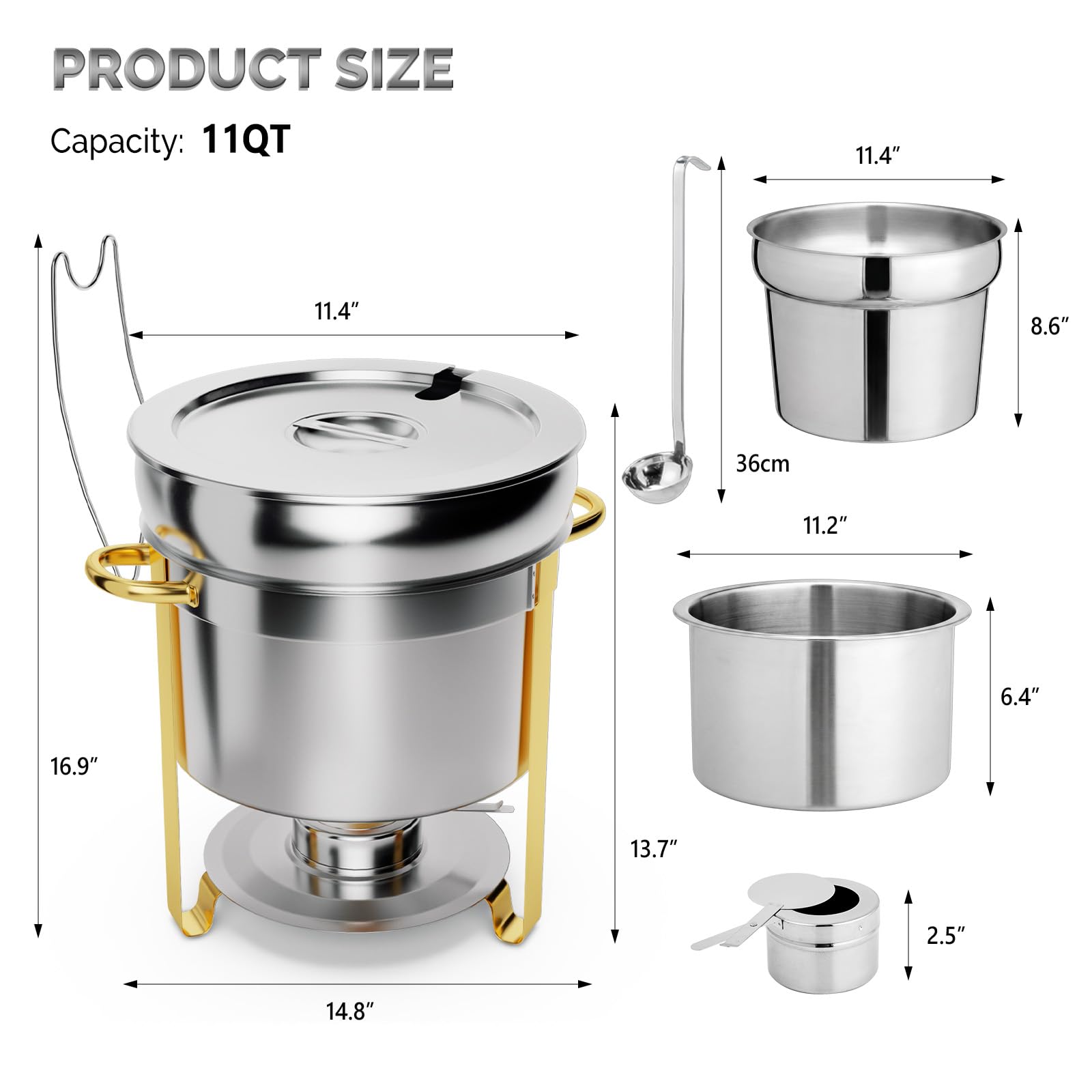 ROVSUN 11 QT Round Silver-Gold Buffet Soup Chafer with Lid Holder