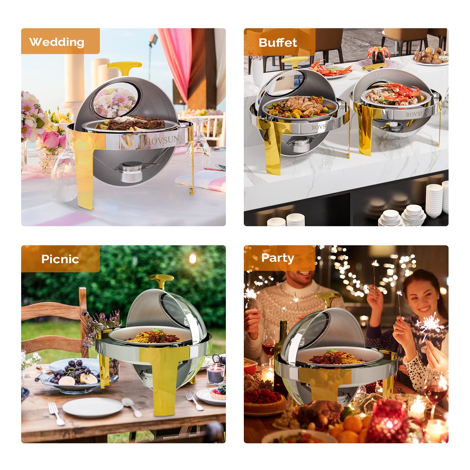 ROVSUN 6 QT Roll Top Round Silver Gold Chafing Dish Set with Visible Window