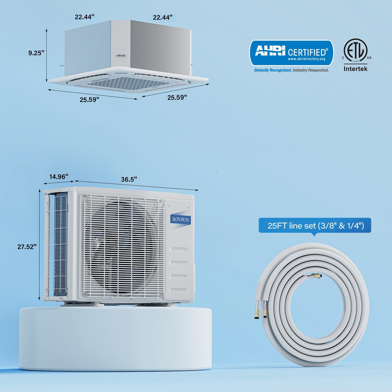 ROVSUN 2 Zone 18000 BTU / (12K + 12K) 25 SEER2 230V Ceiling Cassette Mini Split AC with Heat Pump & 25Ft Kit