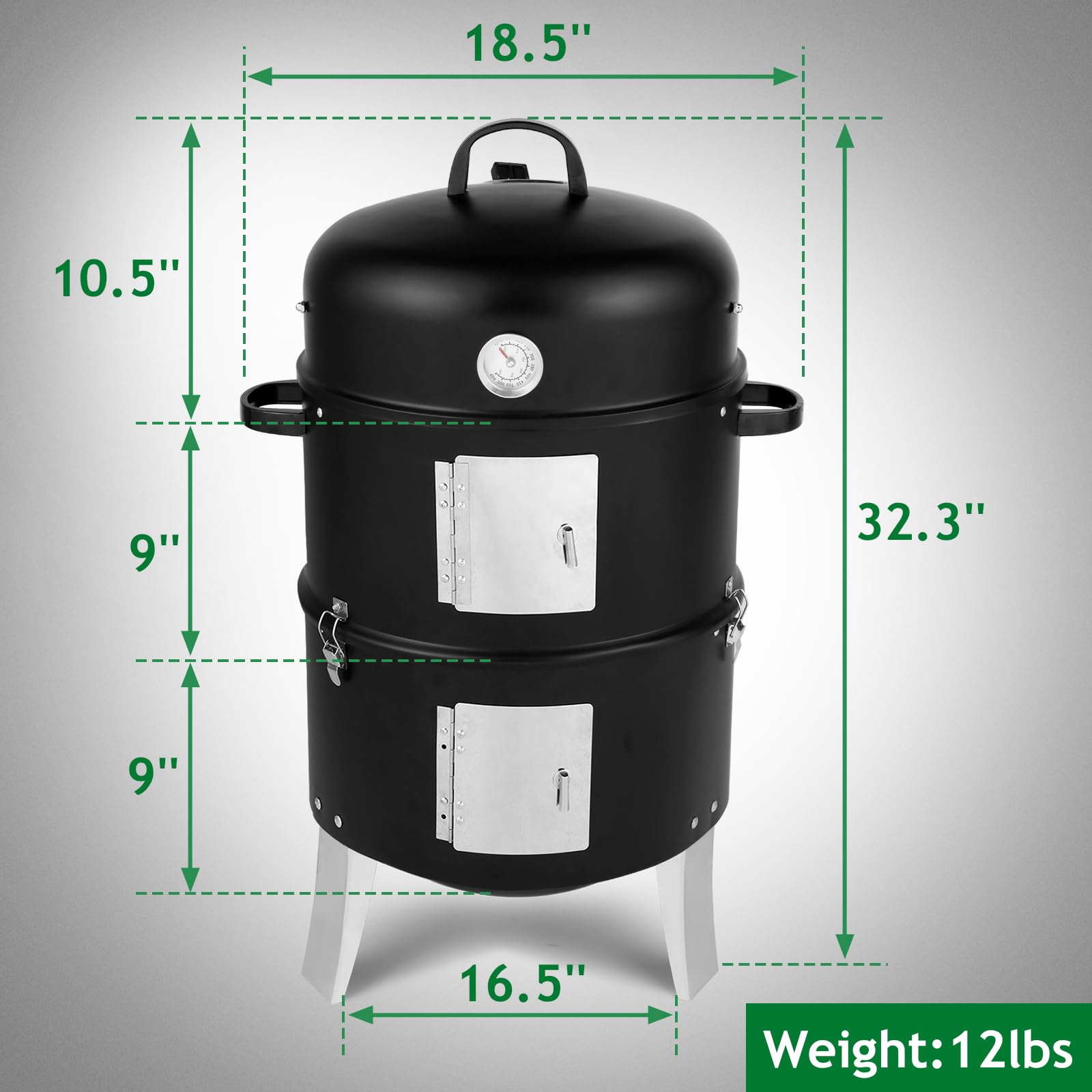 3-in-1 Vertical Charcoal Grill Outdoor BBQ Charcoal Smoker