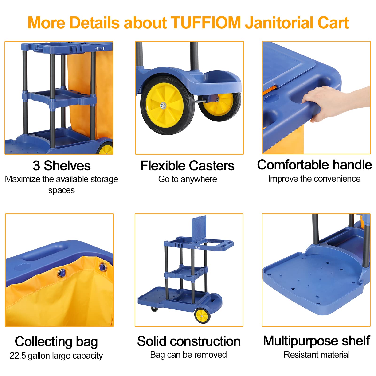3-Tier 500 LBS Capacity Janitorial Cart with 22 Gallon Bag Blue