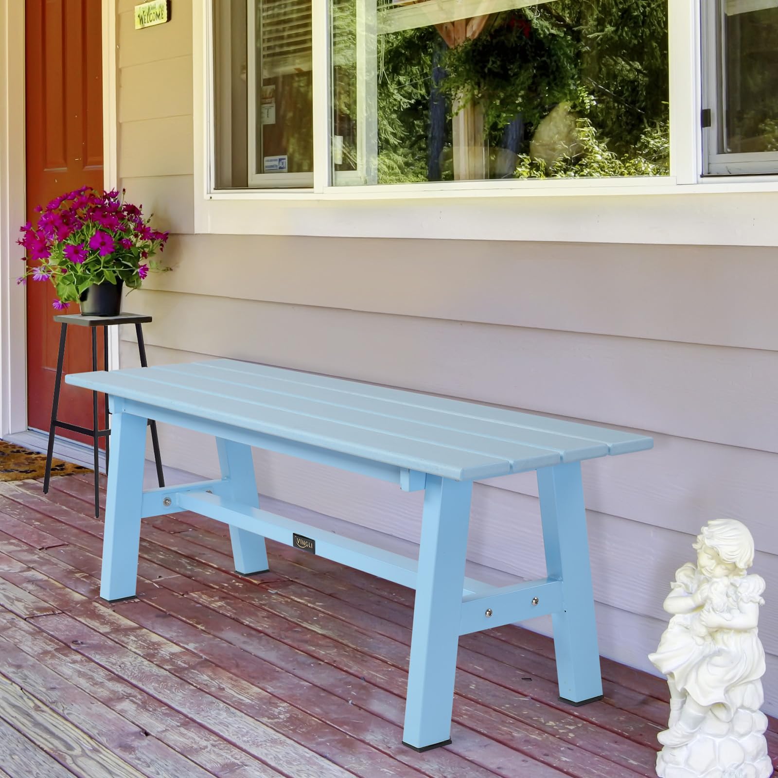 47" HDPE Outdoor Bench with Metal Legs Blue