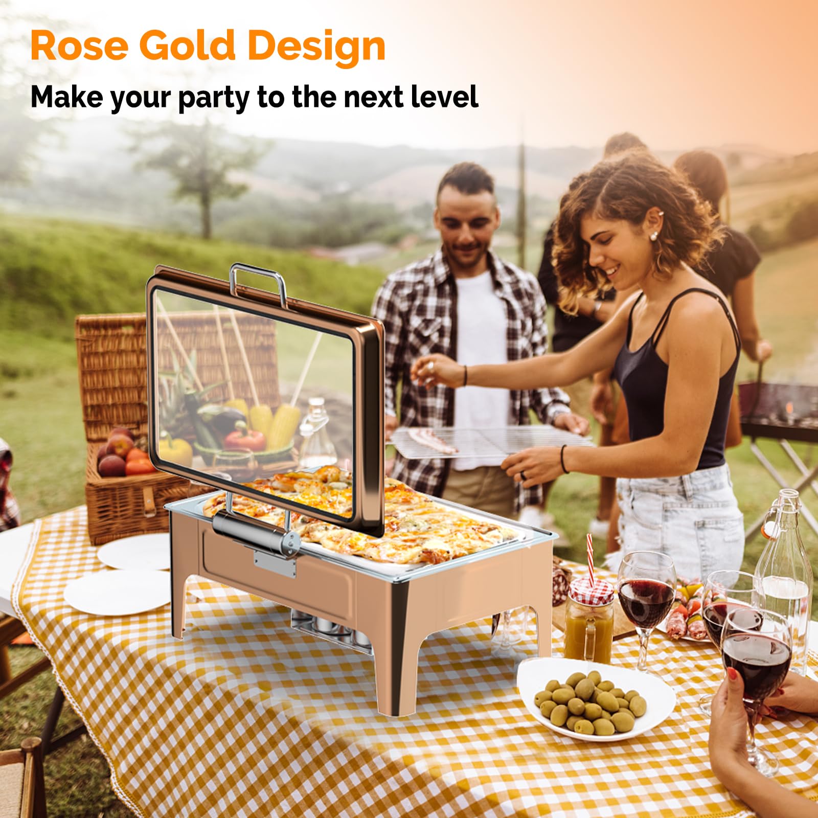 ROVSUN 9 QT Rectangular Rose Gold Chafing Dish Buffet Set with Serving Tong