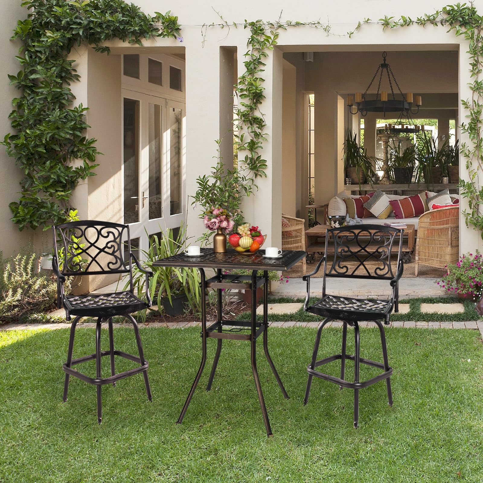 32" Square Outdoor Bar Table with Umbrella Hole Bronze