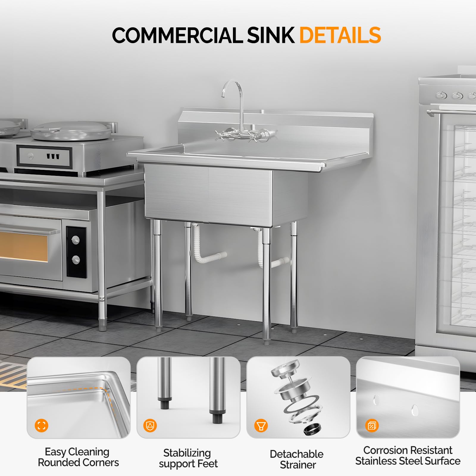 ROVSUN 44" x 20" 3 Compartment 304 Stainless Steel Sink with Right Side Drainboard