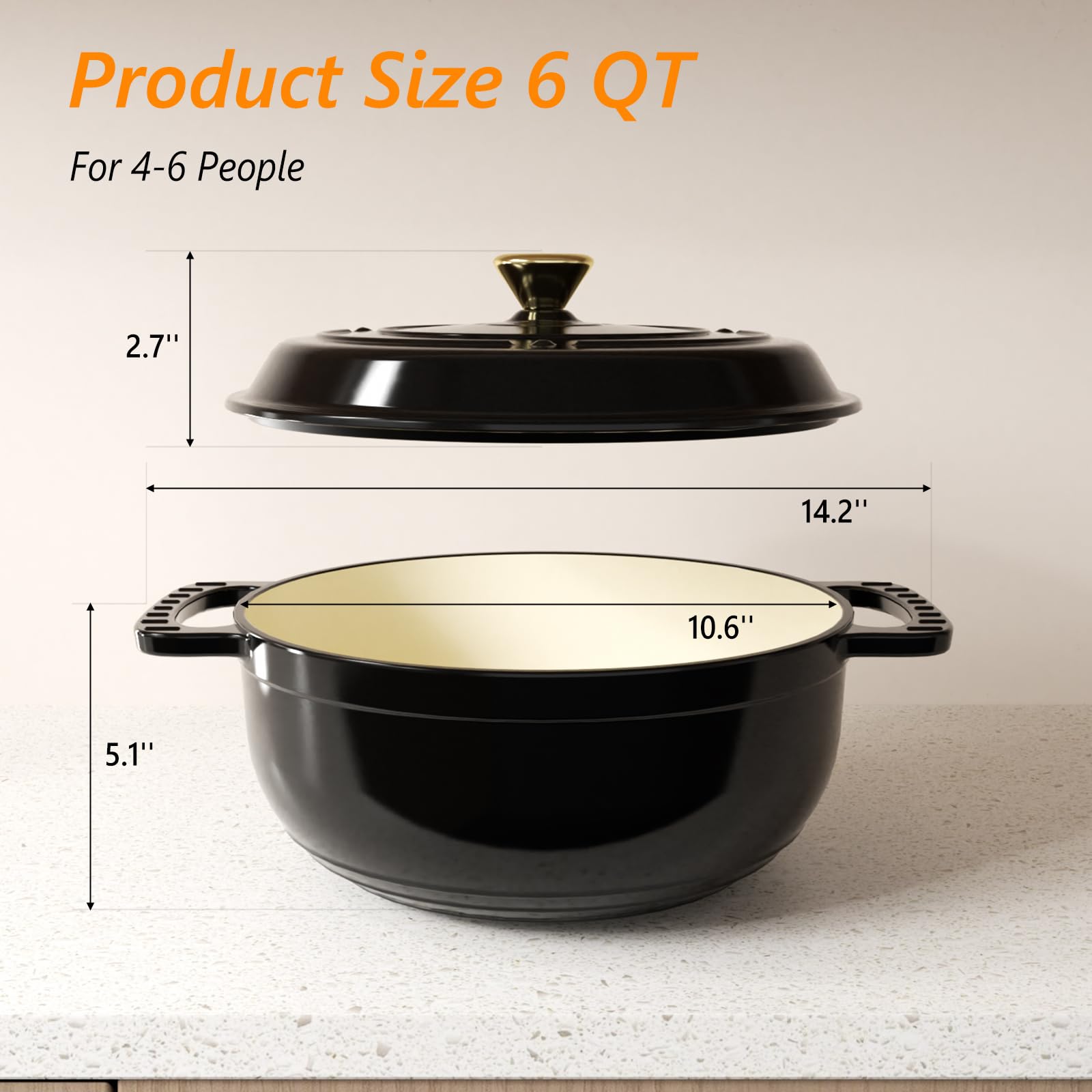 ROVSUN 6 QT Enameled Cast Iron Round Dutch Oven Black