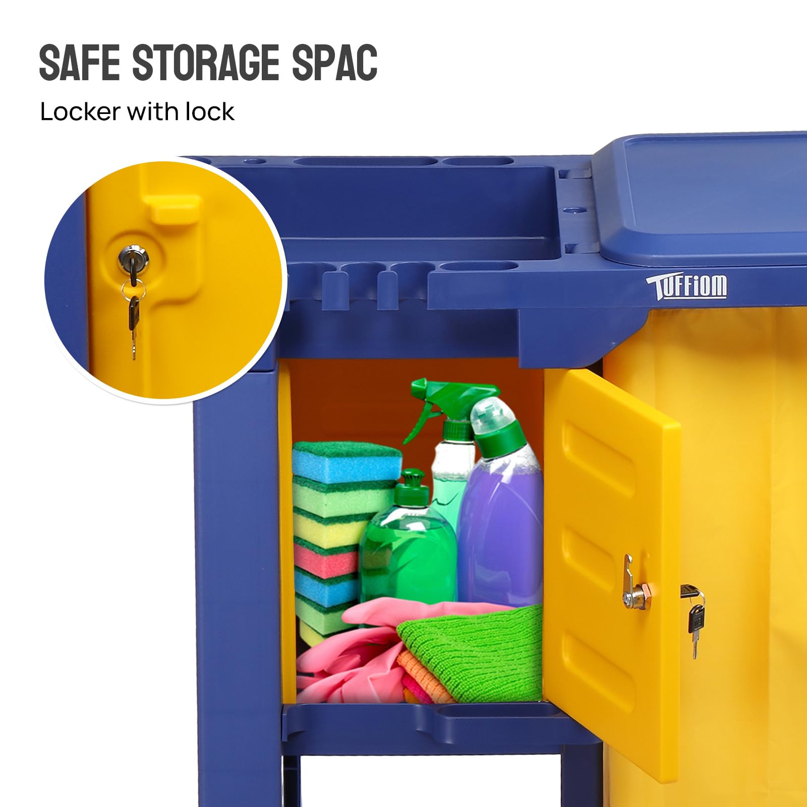 3-Tier 500 LBS Capacity Janitorial Cart with Locker & 15 Gallon Bag Blue