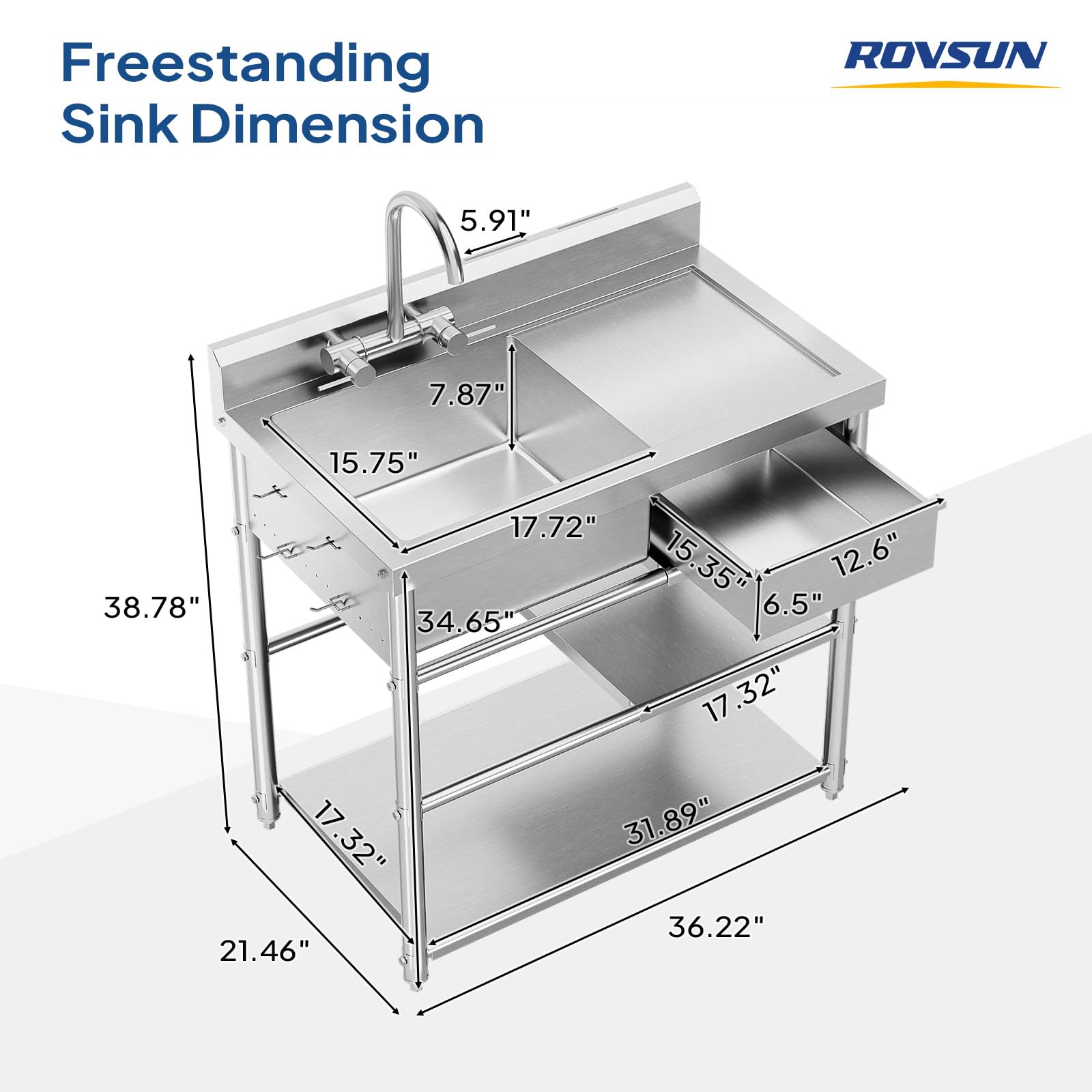 ROVSUN 36" x 21" 1 Compartment Stainless Steel Sink with Storage Drawer