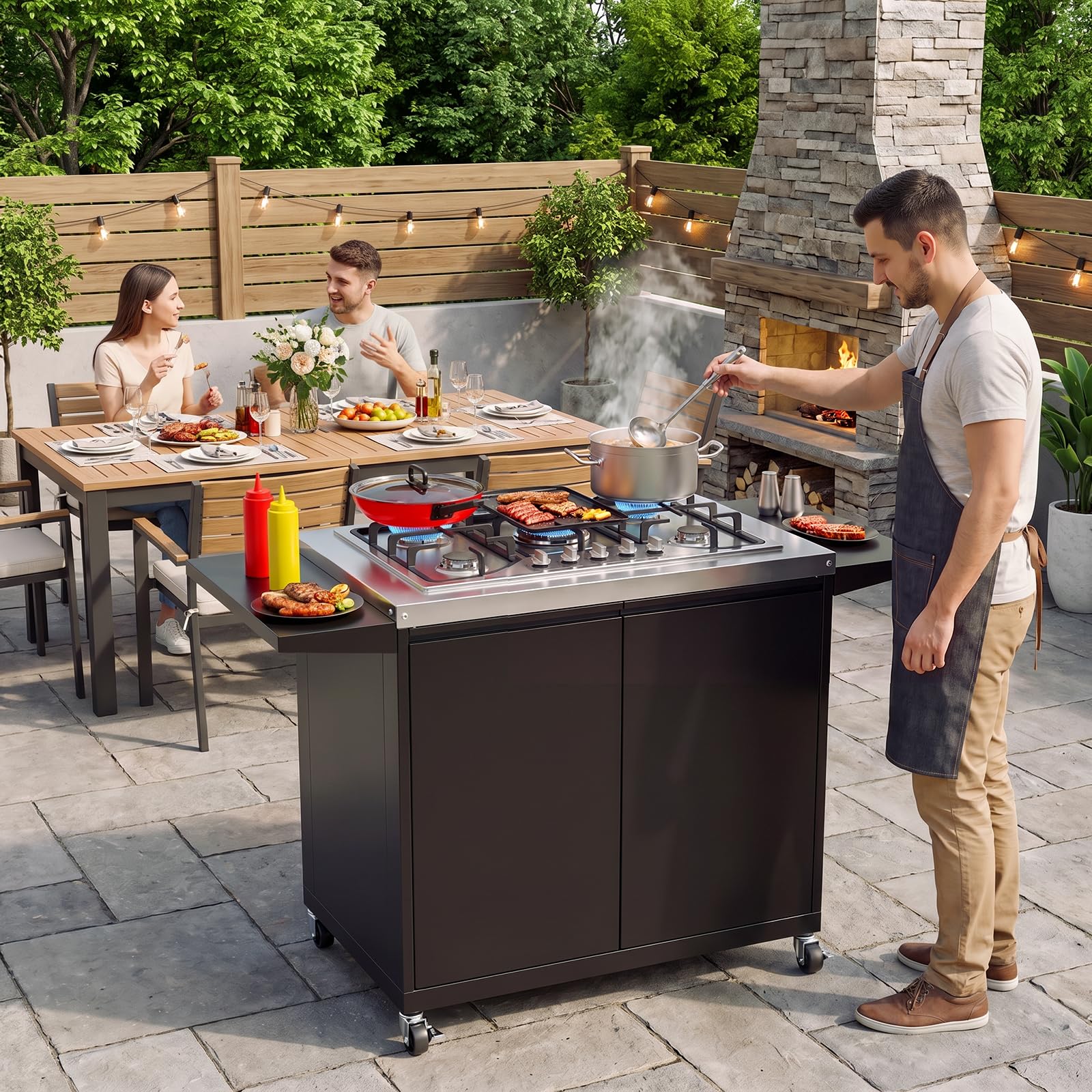 ROVSUN 5 Burner Propane Stove with Storage Cabinet & Side Shelves