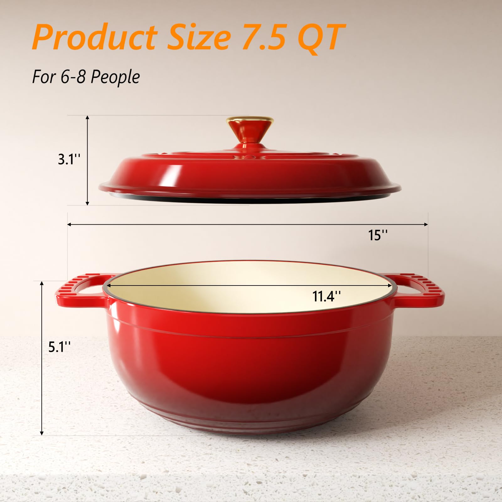 ROVSUN 7.5 QT Enameled Cast Iron Round Dutch Oven Red