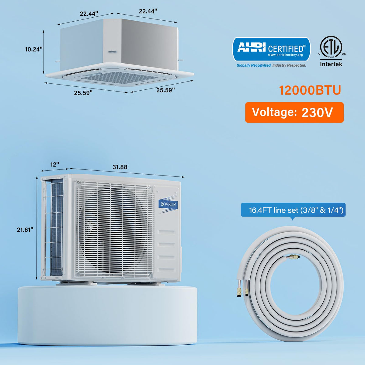 ROVSUN 12000 BTU 21 SEER2 230V Ceiling Cassette Mini Split AC with Heat Pump & Install Kit