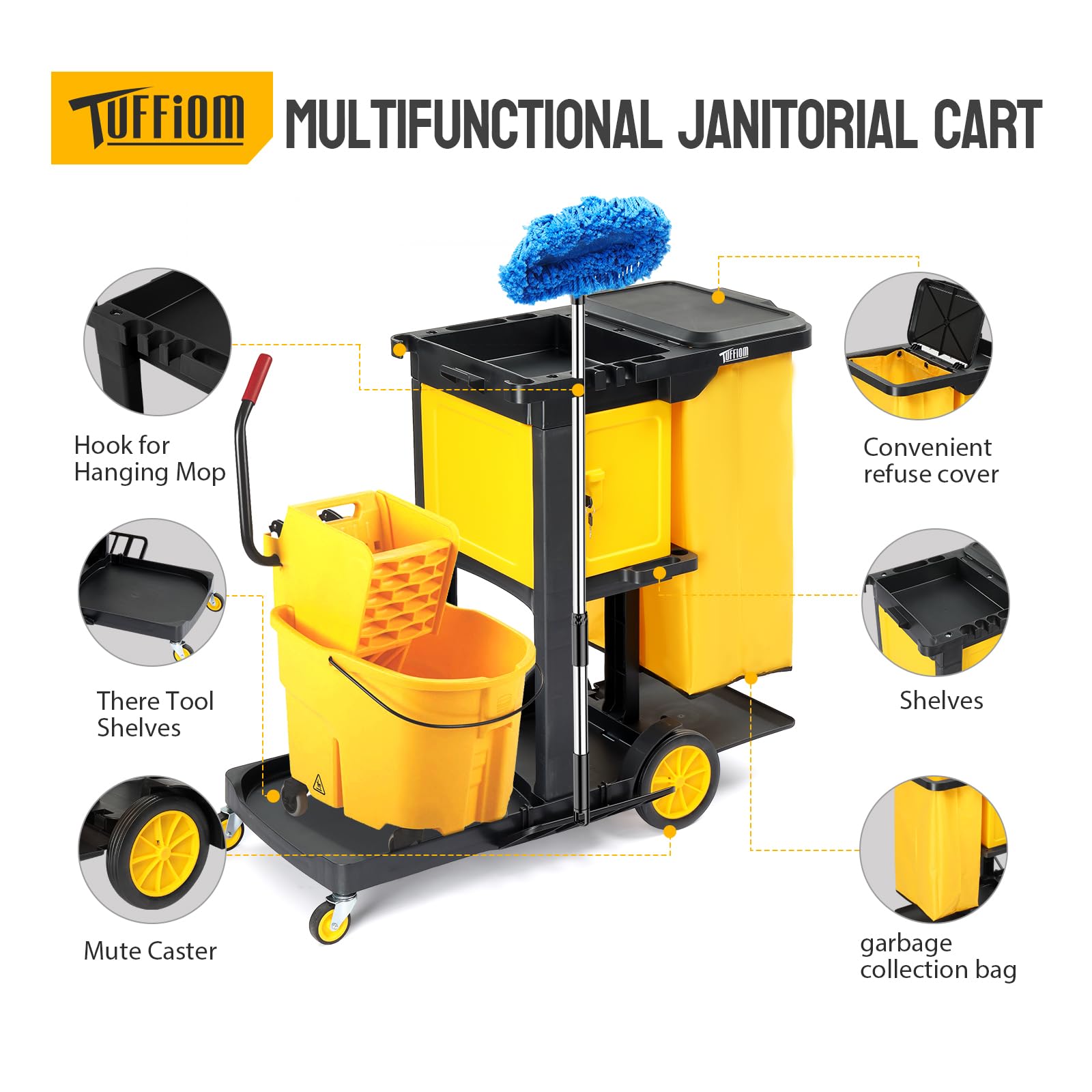 3-Tier 500 LBS Capacity Janitorial Cart with Locker & 15 Gallon Bag Black