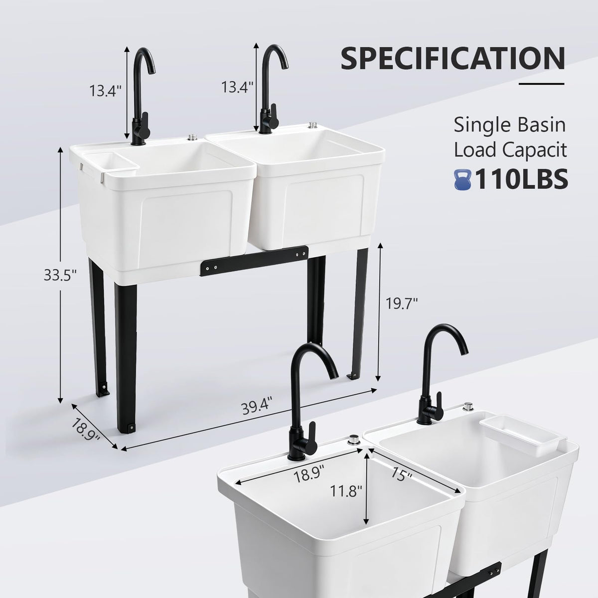 ROVSUN 40" X 19" Double Plastic Laundry Sink with 2 Faucets
