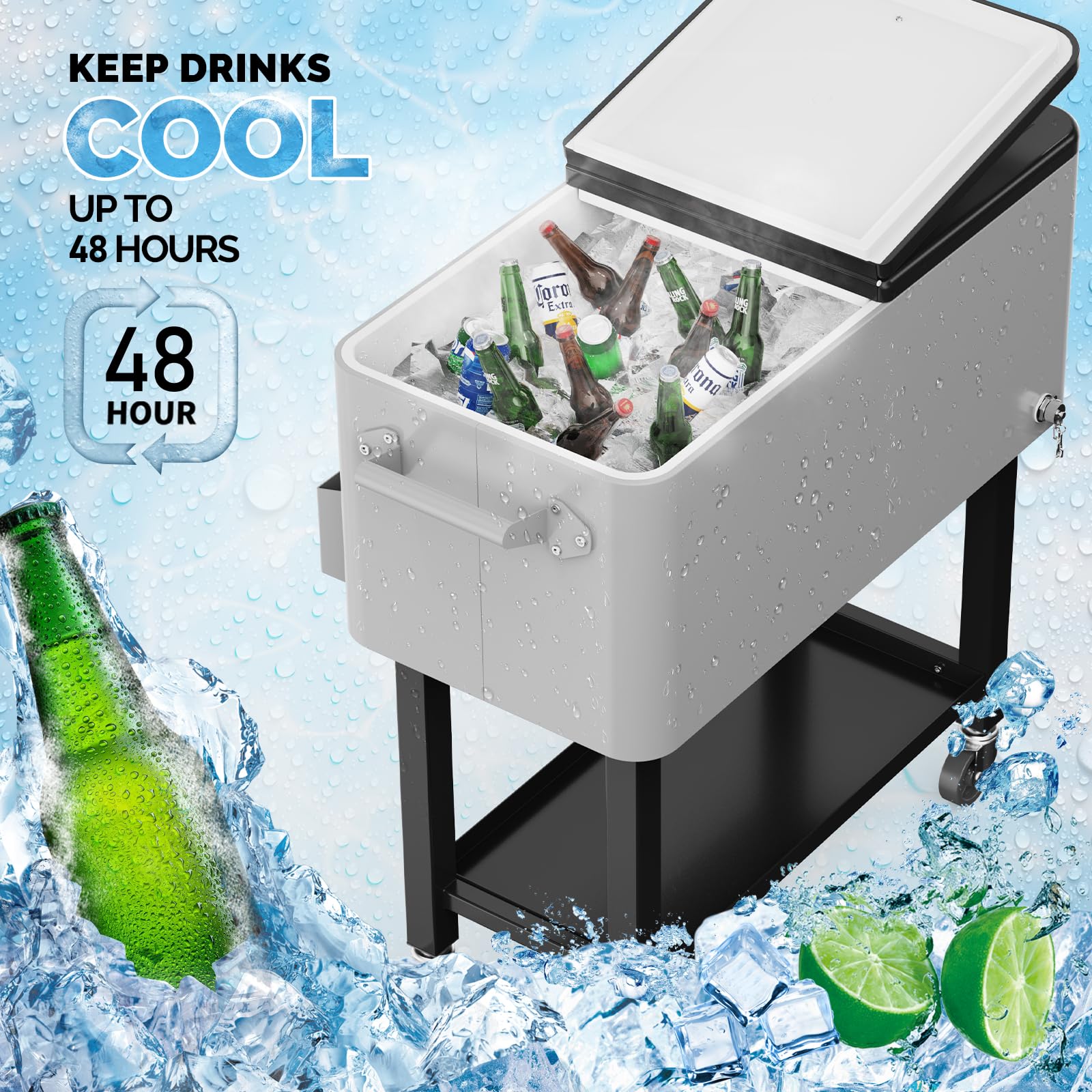 80 Quart Portable Patio Rooling Cooler Cart Detachable Grey