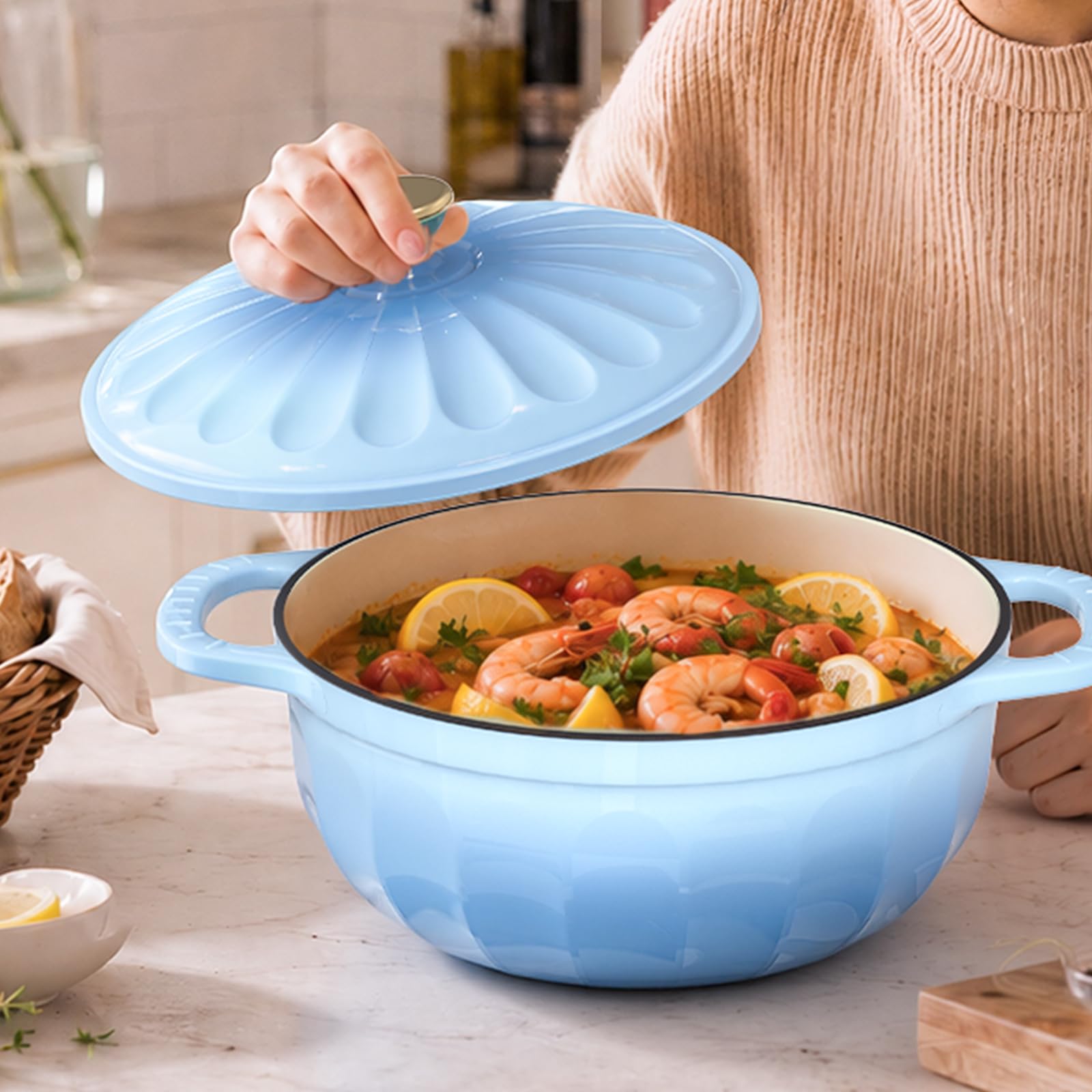 ROVSUN 5 QT Enameled Cast Iron Round Dutch Oven Blue Gradient