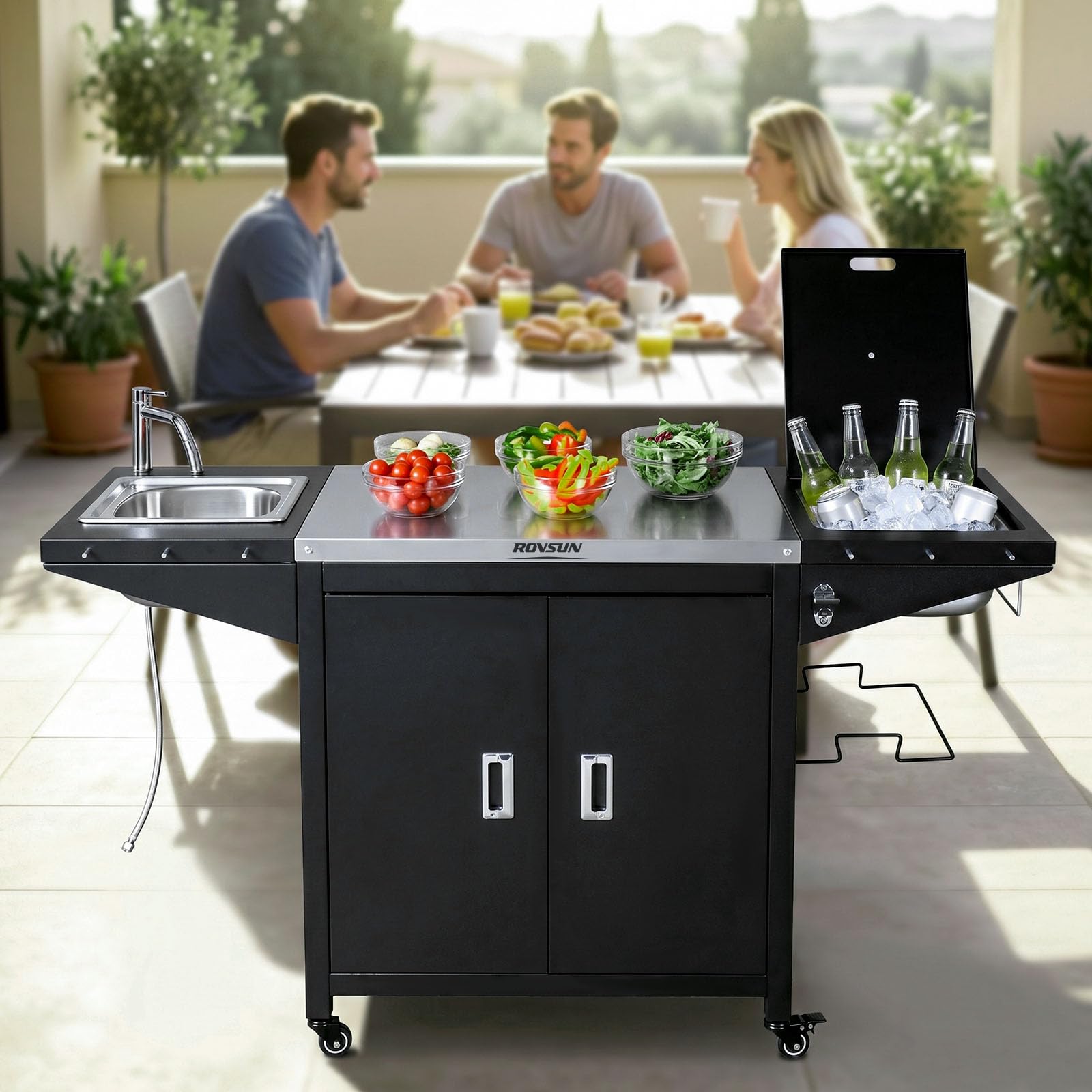 ROVSUN 61" Outdoor Grill Cart with Sink & Cold Drink Refrigerated Area