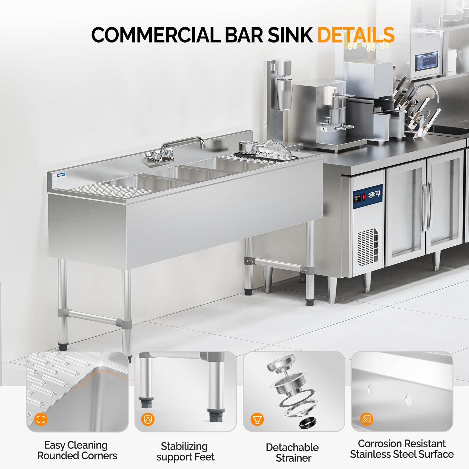 ROVSUN 60" x 18" 3 Bowl Underbar Sink with Faucet & 2 Drainboards