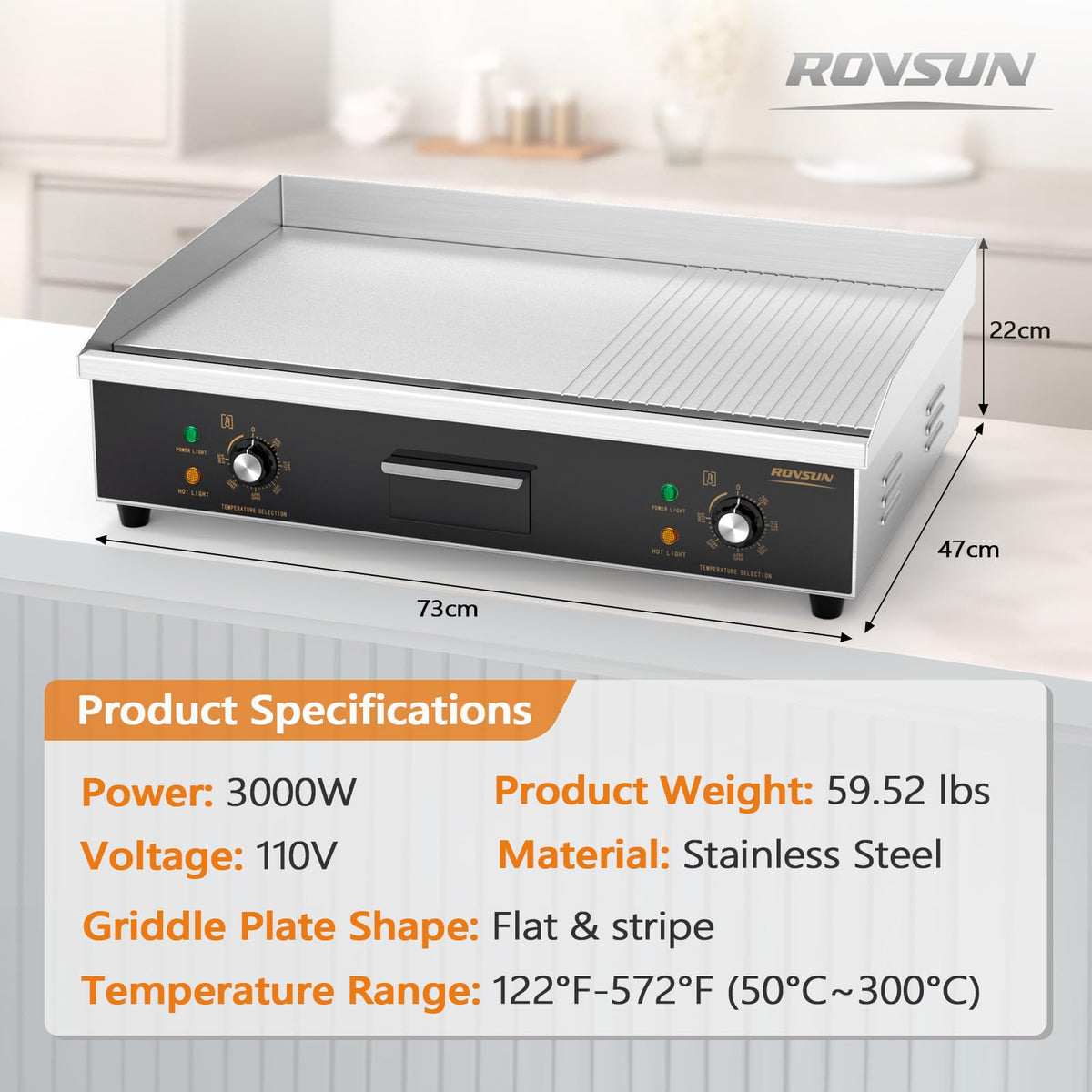 ROVSUN 30" 3000W 110V Electric Griddle Countertop with Half Flat Top Griddle