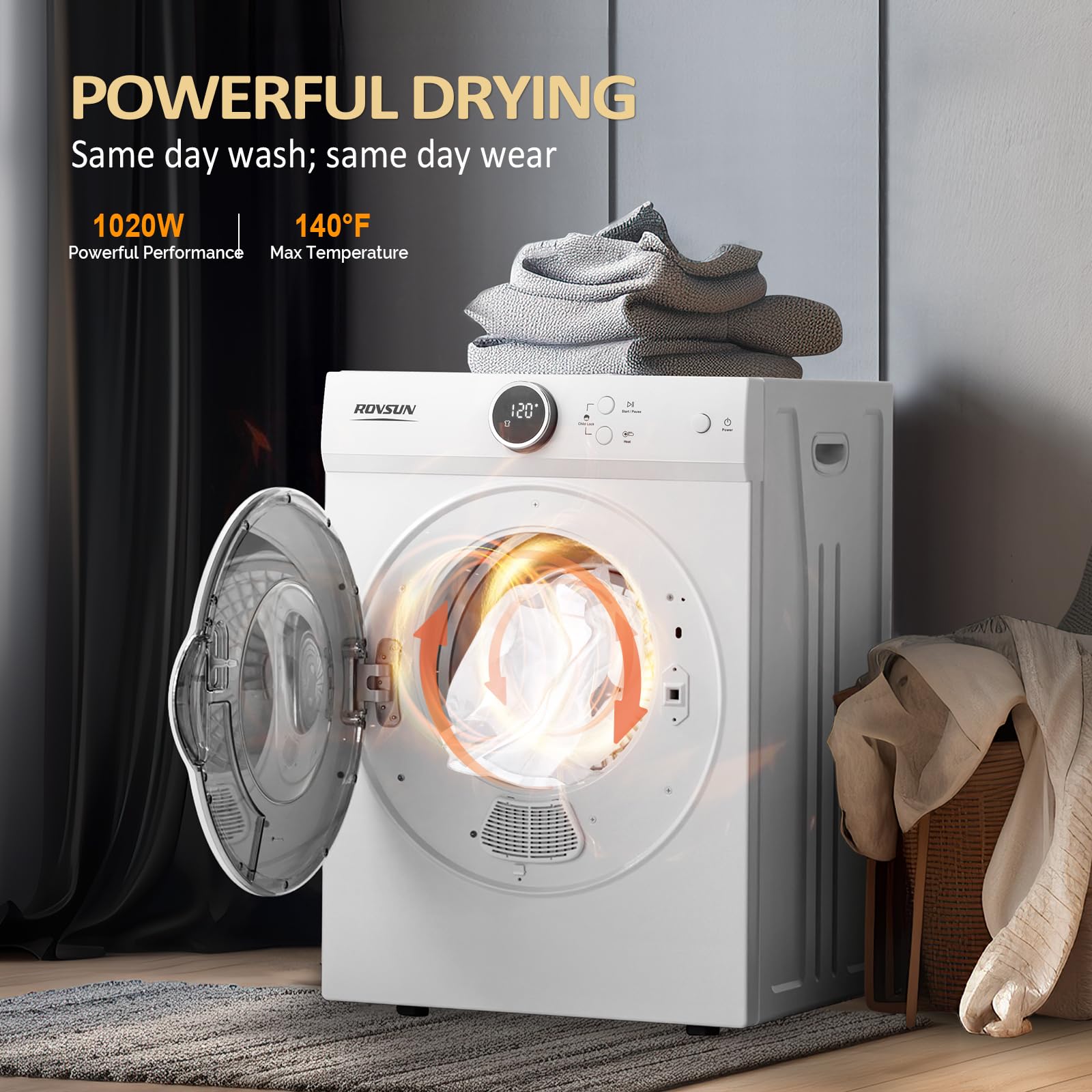 ROVSUN 1.8 Cu.Ft 1,020W 110V Tumble Clothes Dryer with Electronic Screen Control