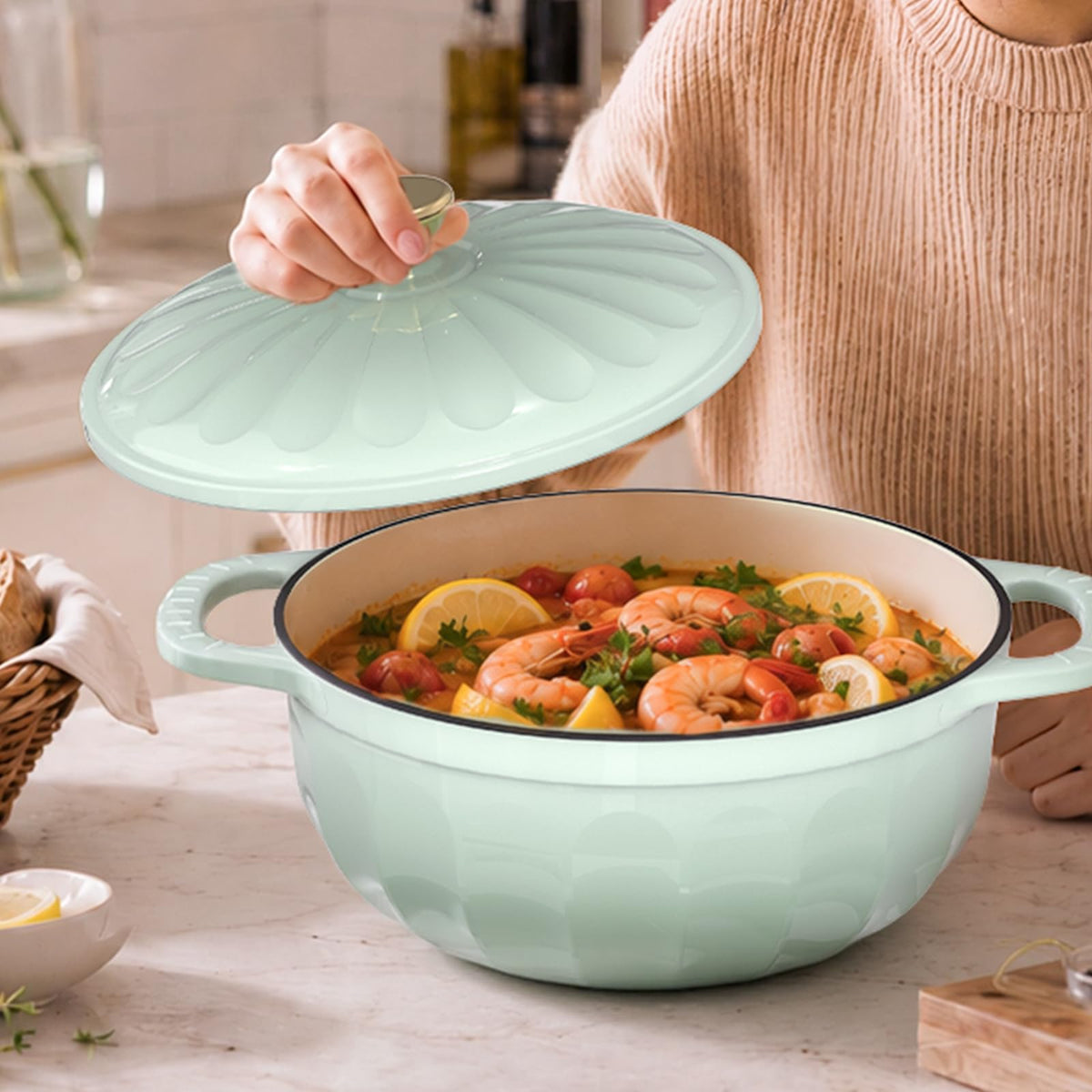 ROVSUN 7.5 QT Enameled Cast Iron Round Dutch Oven Green Gradient
