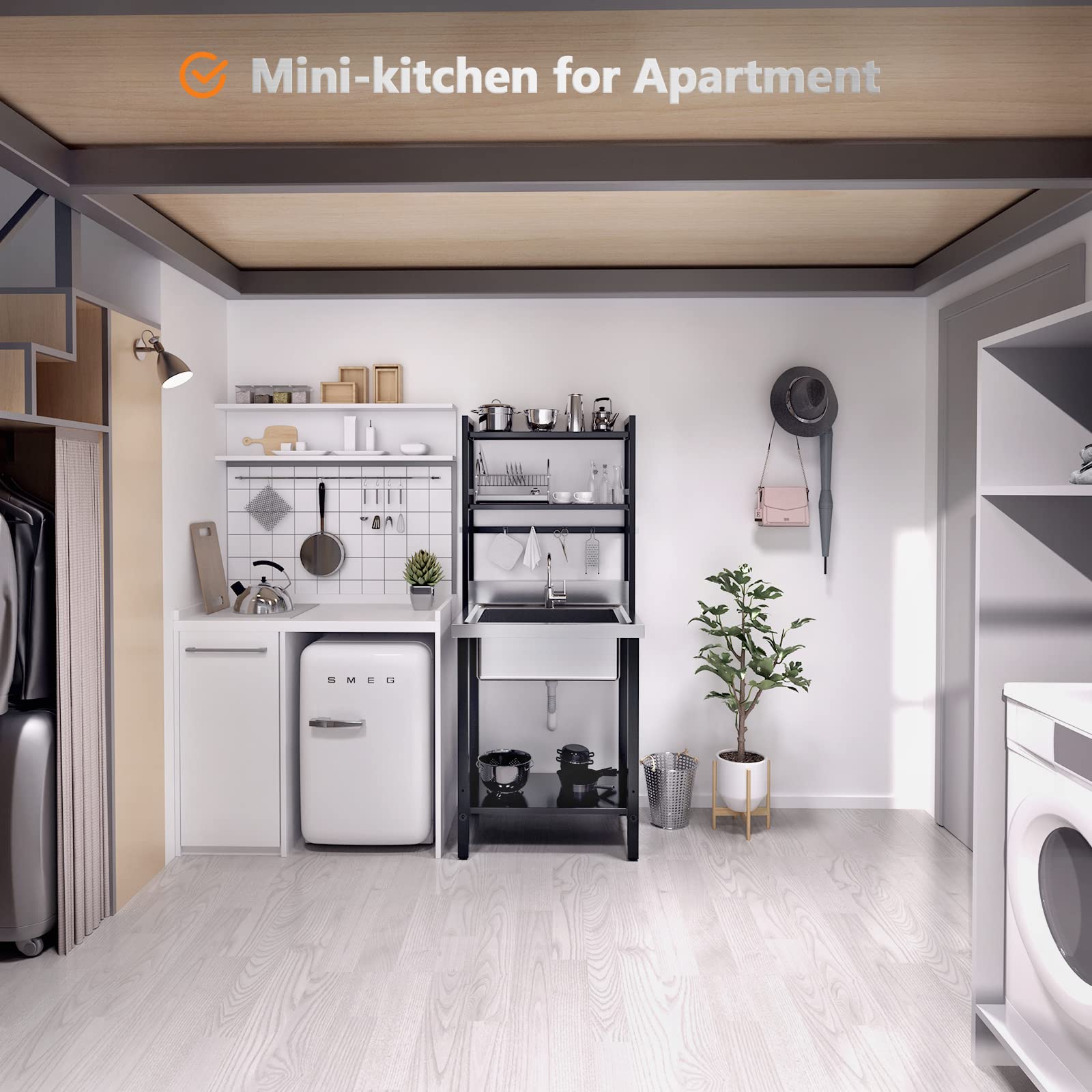 ROVSUN 28" x 24" One Compartment Stainless Steel Sink with Shelves