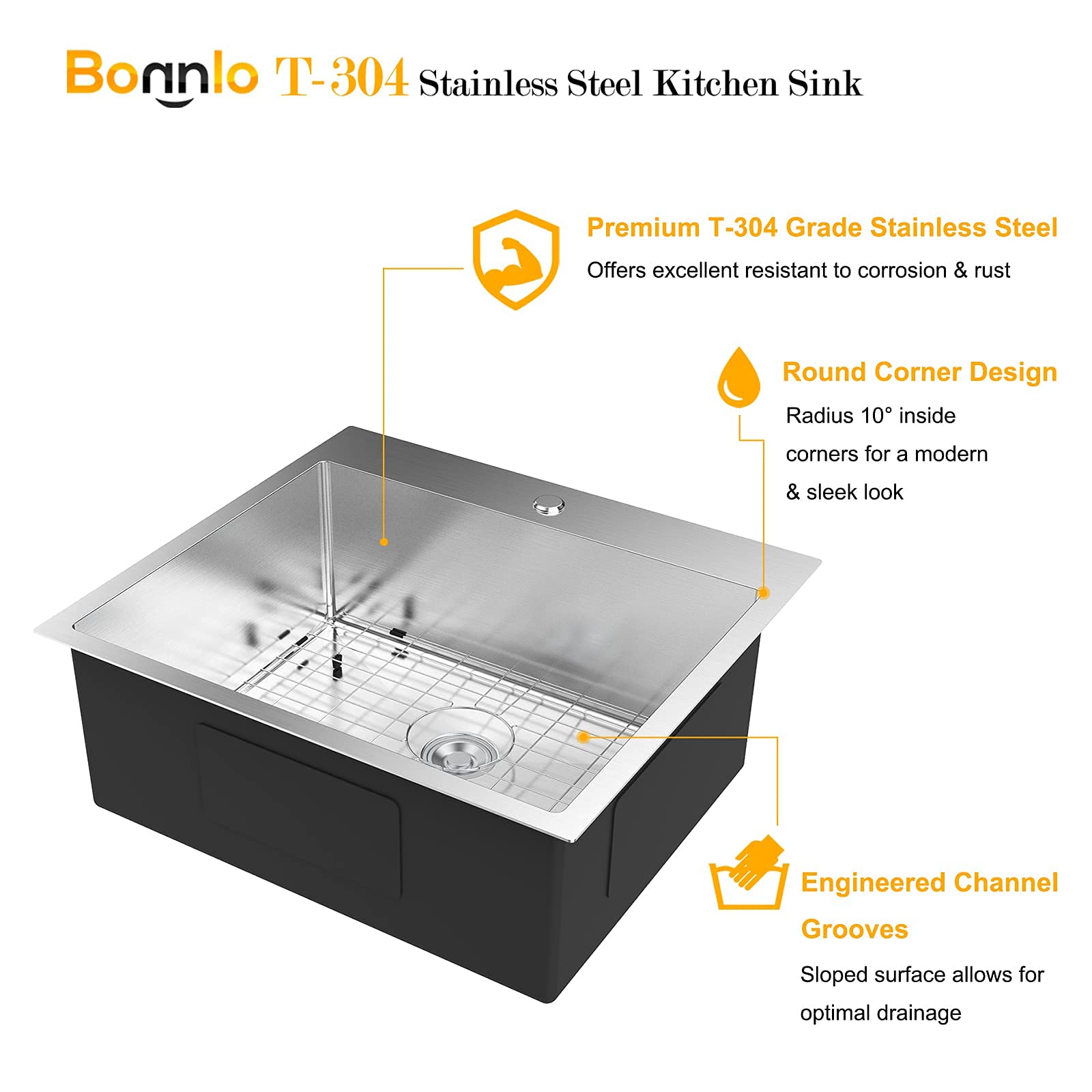 ROVSUN 25" x 22" Drop-in 304 Stainless Steel Sink Kitchen with Protector