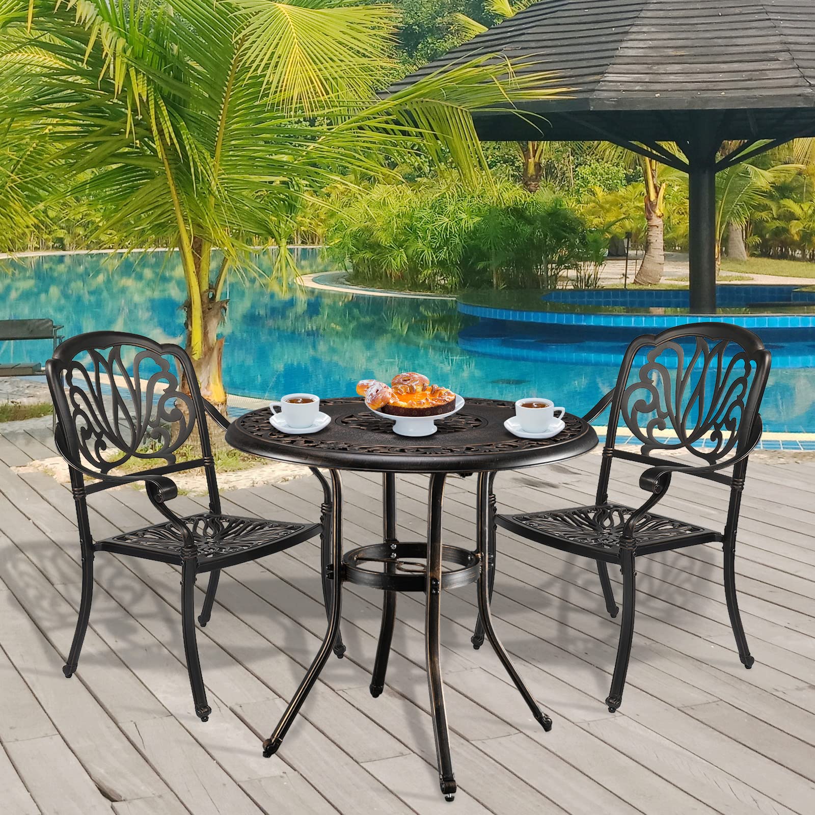 32" Round Outdoor Dining Table with Umbrella Hole Bronze