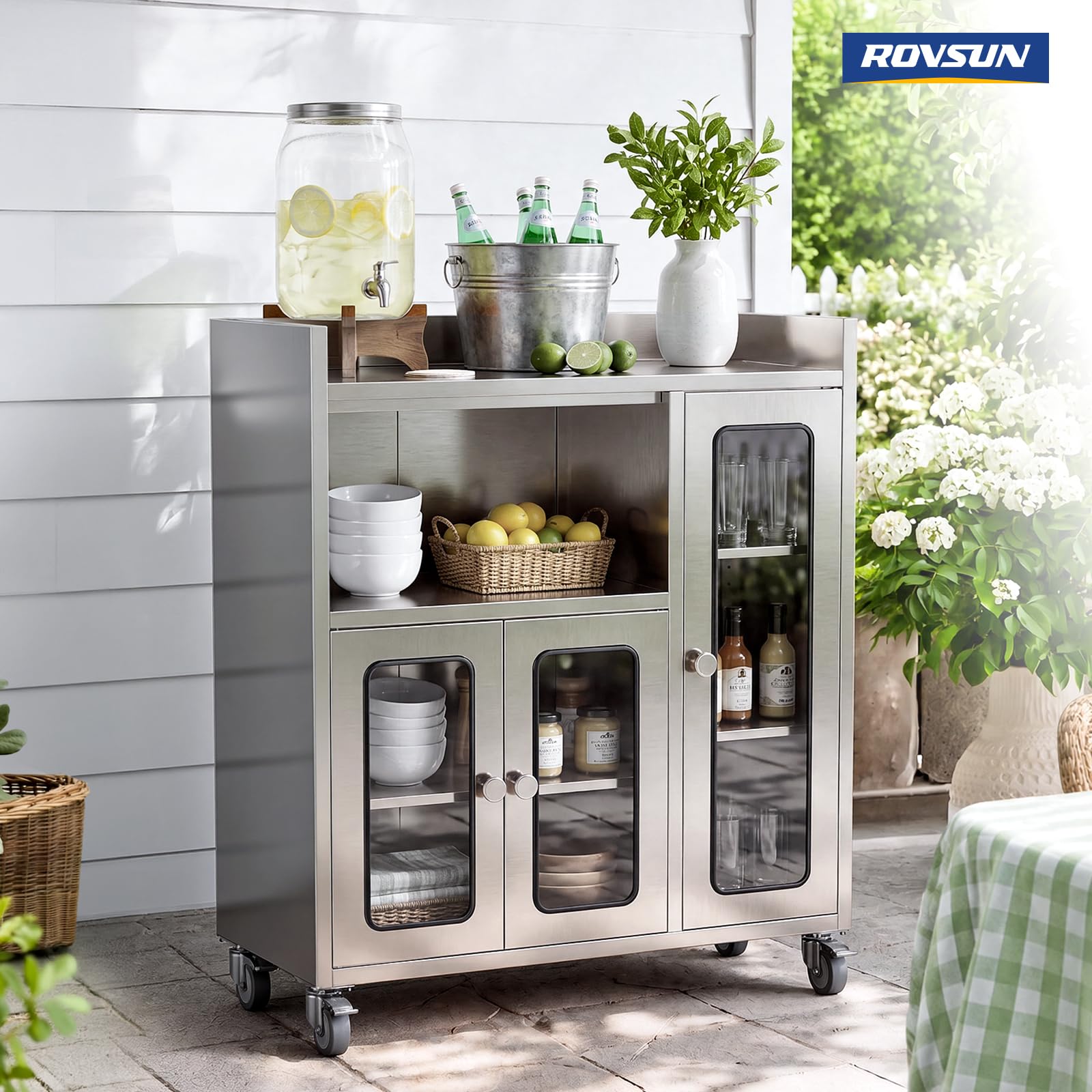 ROVSUN 35" x 16" Stainless Steel Table with Cabinet & Wheels