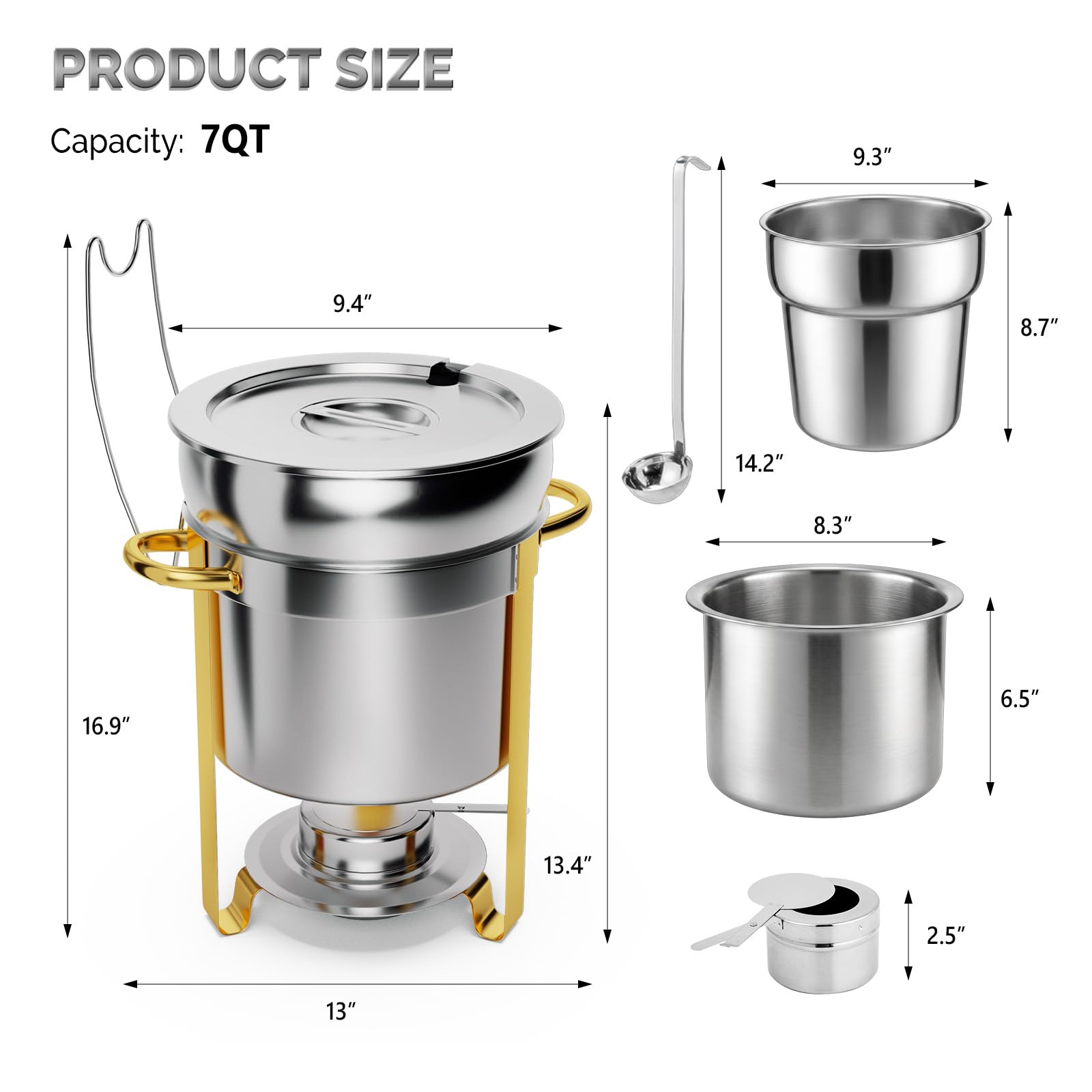 ROVSUN 7 QT Round Silver-Gold Buffet Soup Chafer with Lid Holder