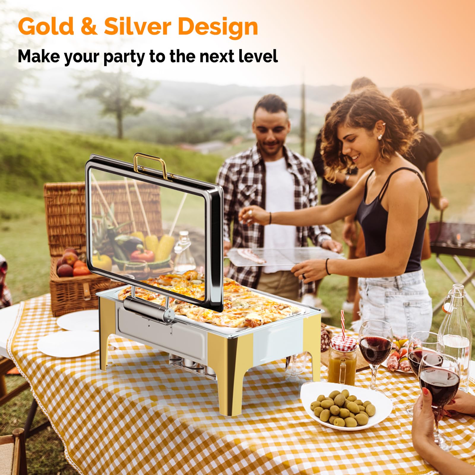 ROVSUN 9 QT Rectangular Silver-Gold Chafing Dish Buffet Set with Serving Tong