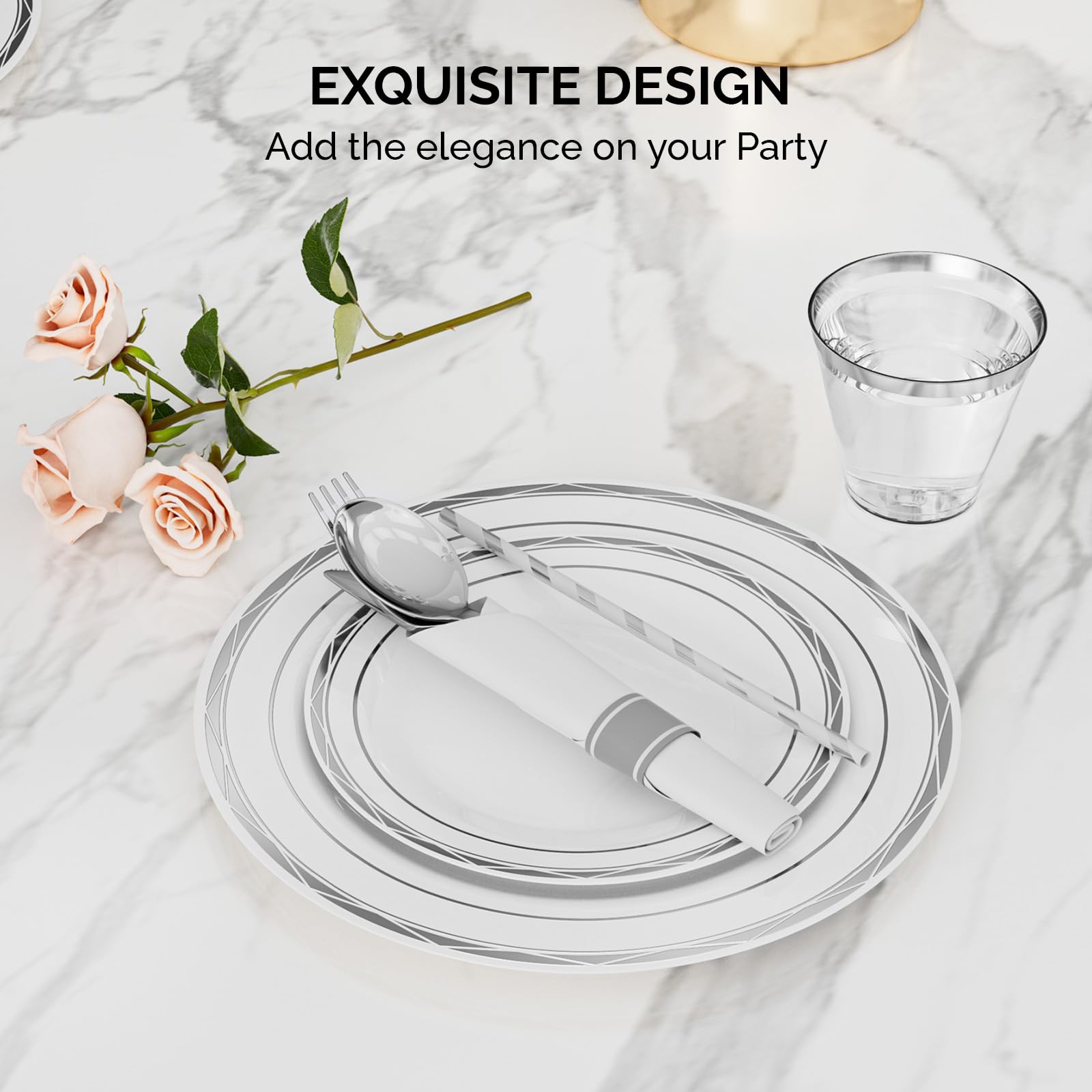 ROVSUN 400 Pieces Pre Rolled Napkins Silver Disposable Plastic Dinnerware Set for 50 Guests