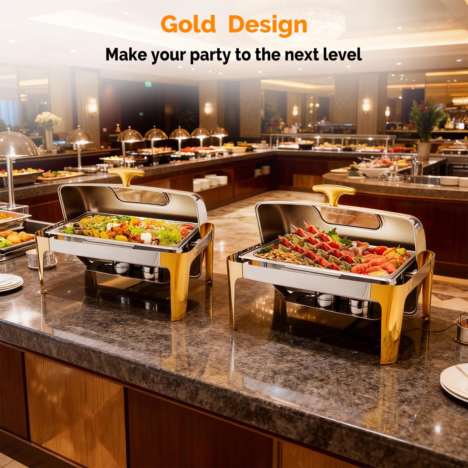 ROVSUN 9 QT Roll Top Rectangular Silver-Gold Chafing Dish Buffet Set with Visible Window
