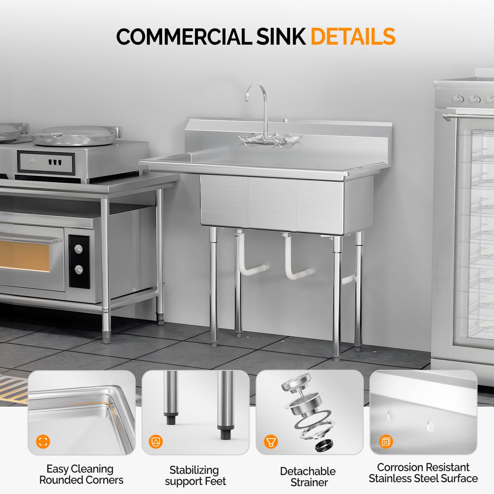 ROVSUN 44" x 20" 3 Compartment 304 Stainless Steel Sink with Left Side Drainboard