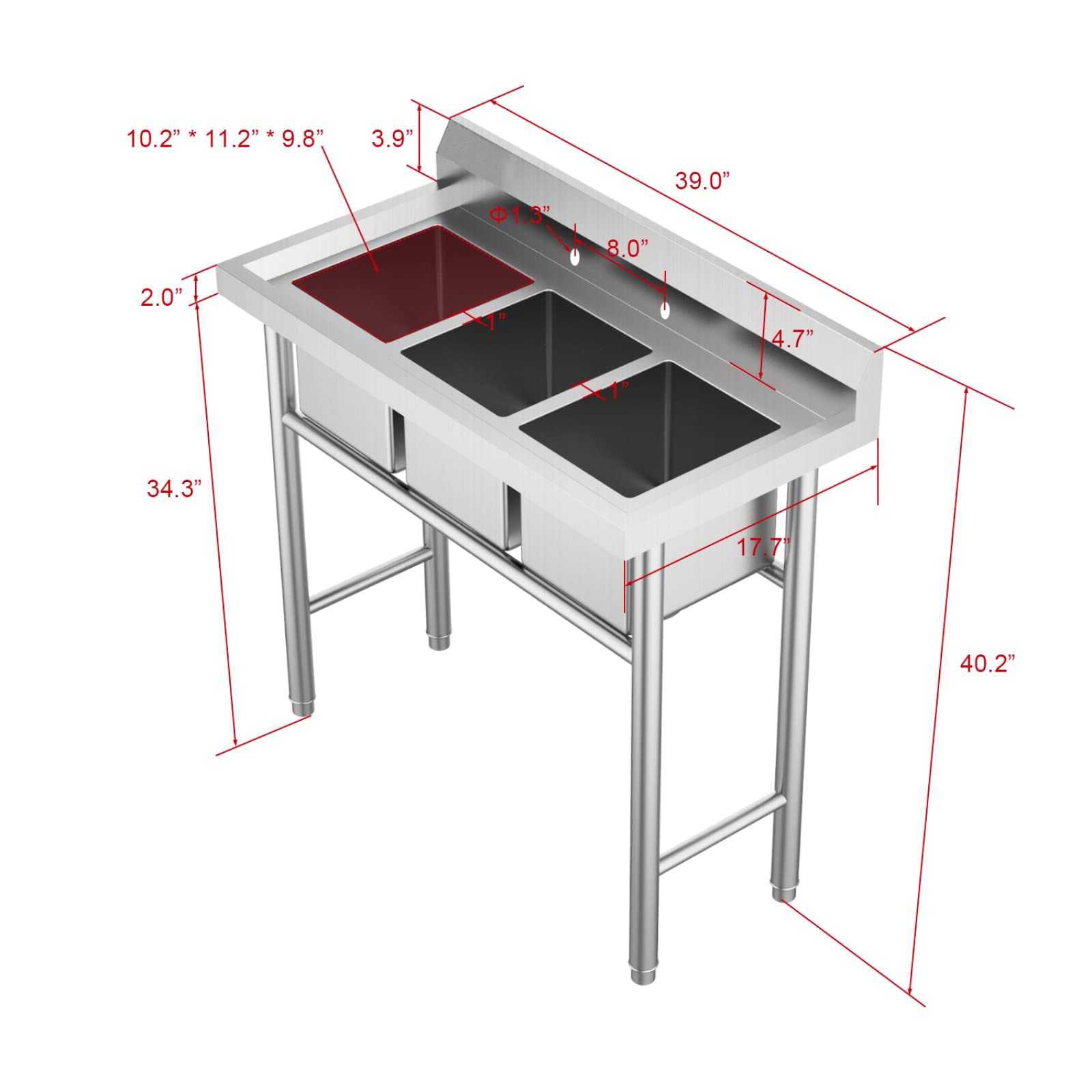 ROVSUN 39" x 18" 3 Compartment 304 Stainless Steel Sink Kitchen Restaurant