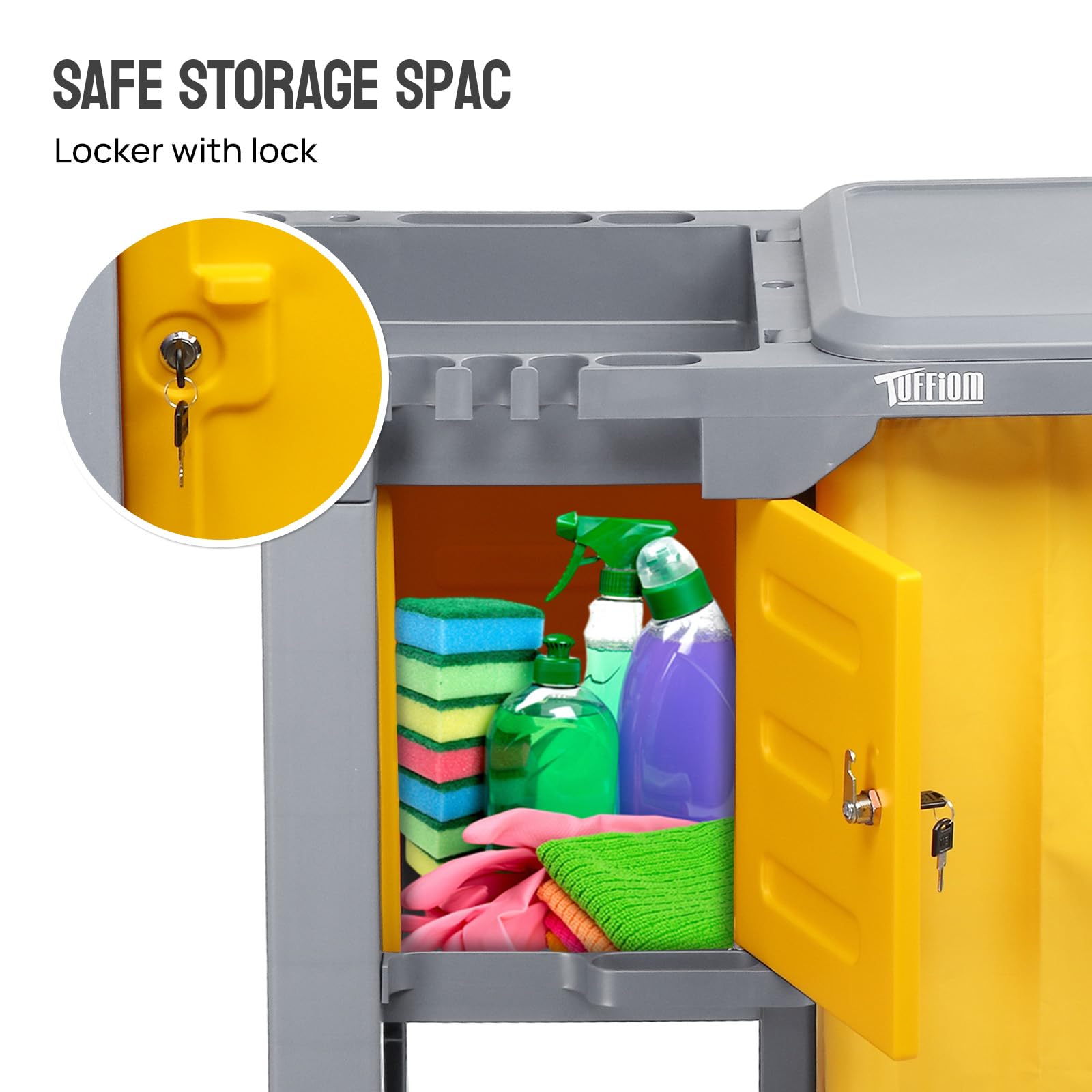 3-Tier 500 LBS Capacity Janitorial Cart with Locker & 15 Gallon Bag Grey