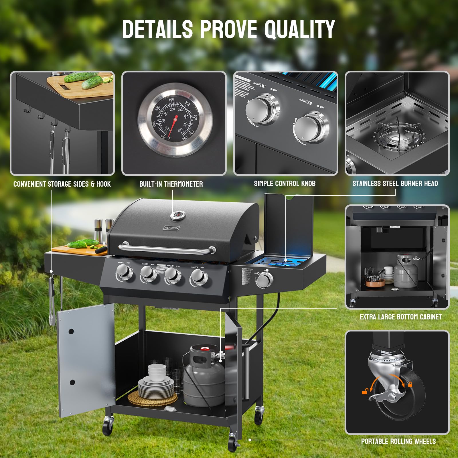ROVSUN 4-Burner 58,000 BTU Propane Grill with Side Burner & Rolling Wheels